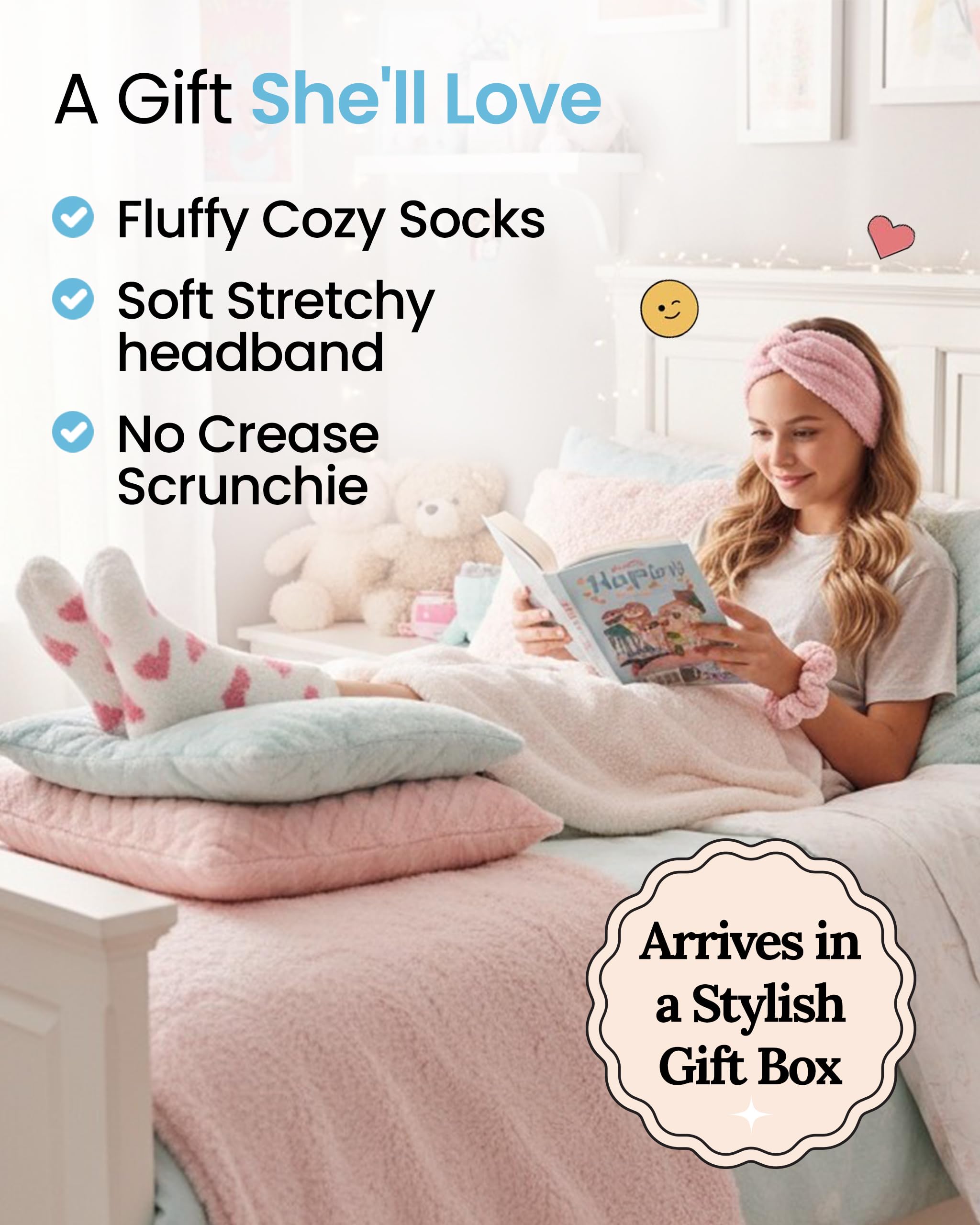 Lily England Birthday Gifts for Her - Self-Care Birthday Gifts for Women & Girls - Soft Fluffy Socks, Headband & Scrunchie - Pre