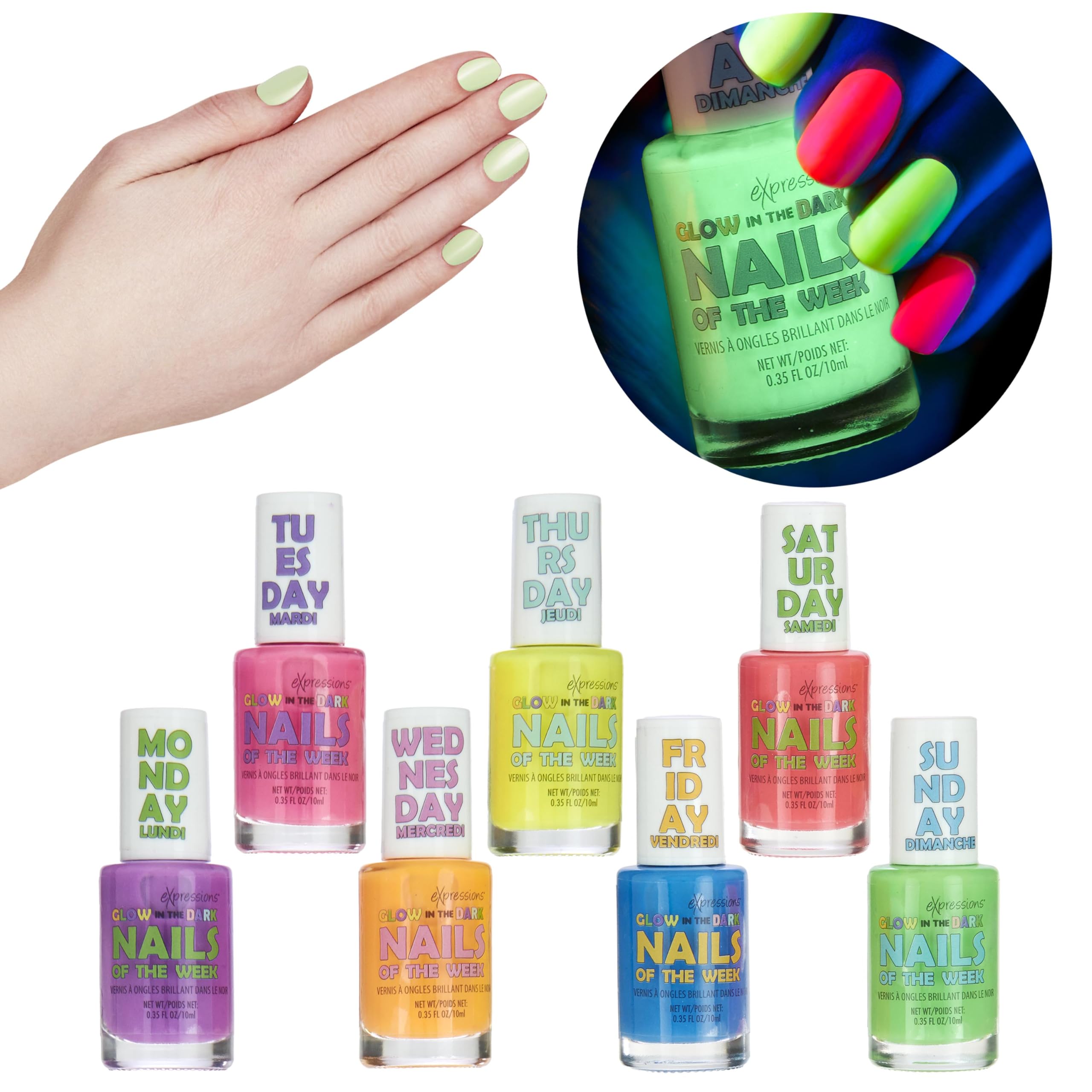 Expressions 7Pc Nails Of The Week Kit - Colorful Nail Polish Set For Girls - Assorted Glow In The Dark Nail Polishes, Water-Base