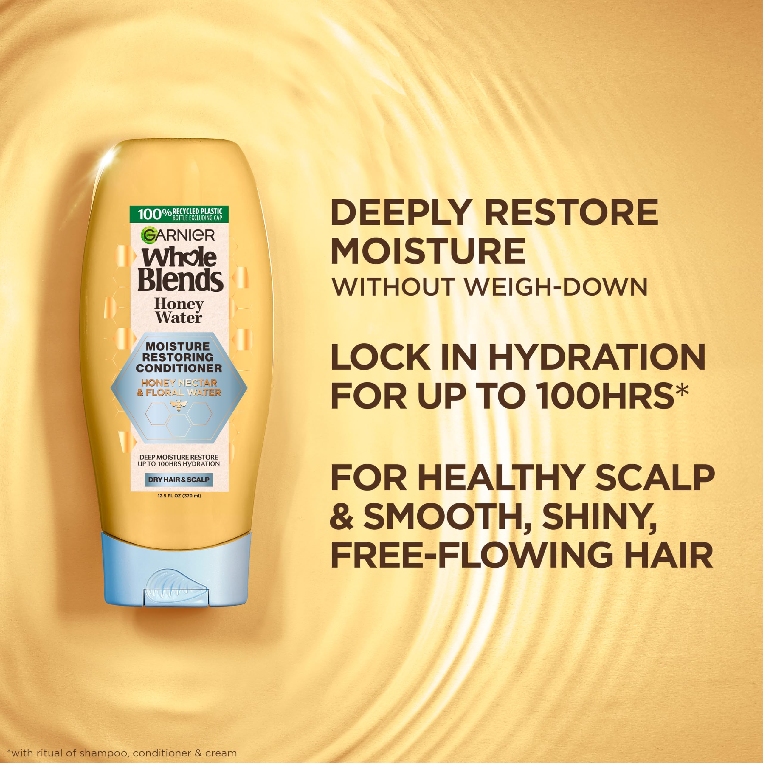 GARNIER Whole Blends Honey Water Moisture Restoring Conditioner, Hair Care for Dry Hair and Dry Scalp with Honey Nectar and Flor