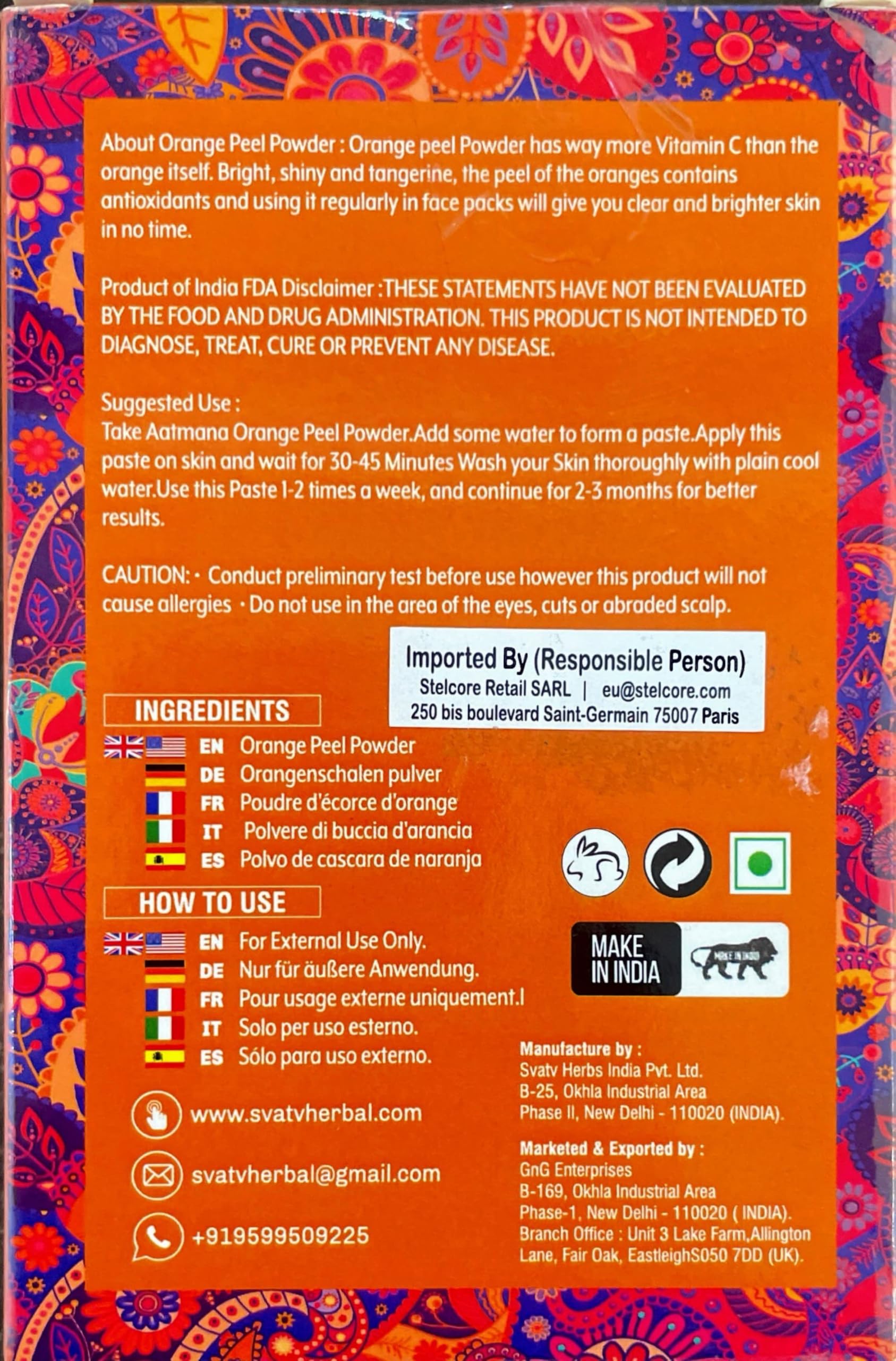 AATMANA Orange Peel Powder | Citrus Aurantium | Face Brightening Skin Lightening Dark Spots | Deep Cleansing Skin | with vitamin