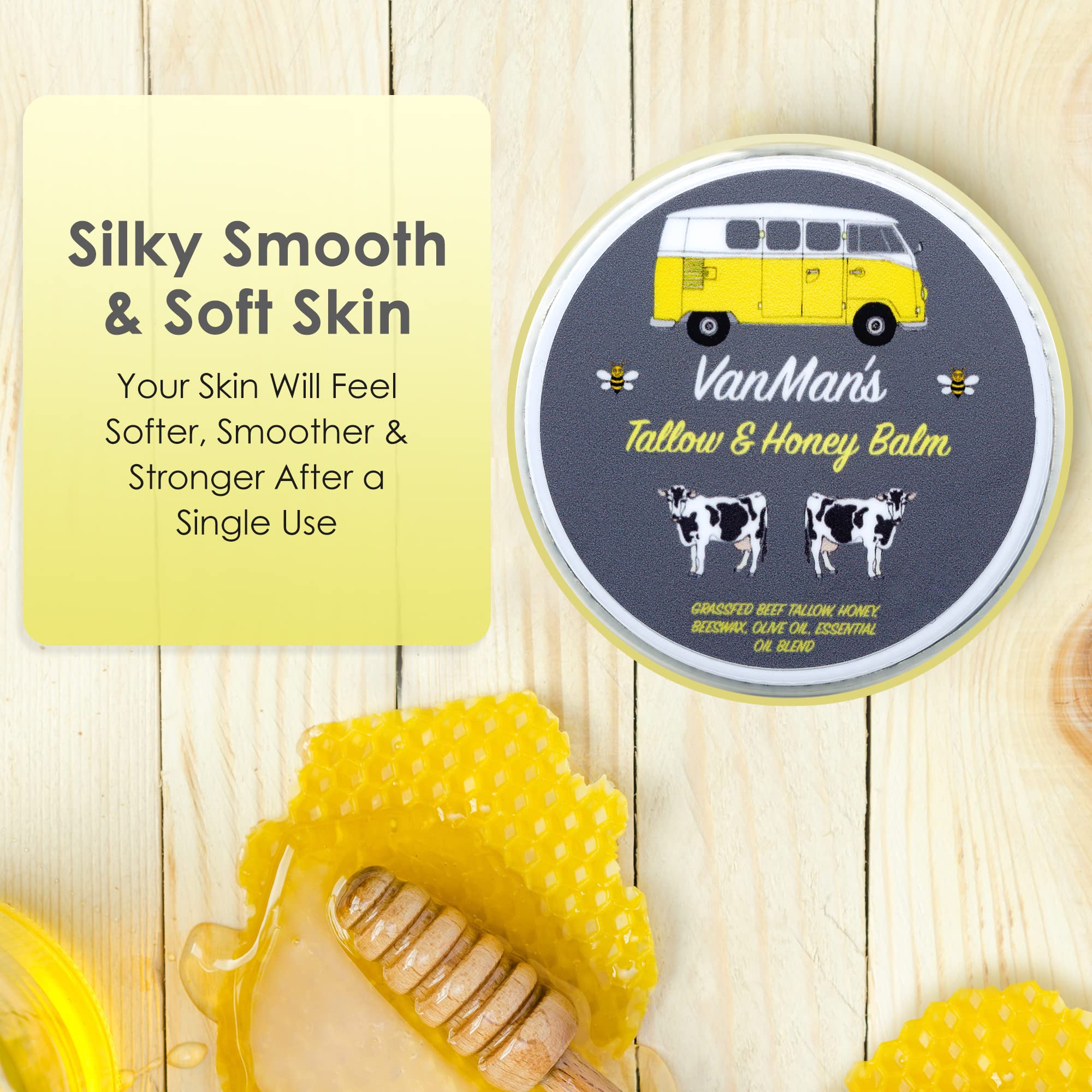 Vanman's Tallow and Honey Balm (2 oz) - Grass Fed Beef Tallow & Honey Balm w/Vitamins A, K, D, E, & Essential Oils - Tallow Mois
