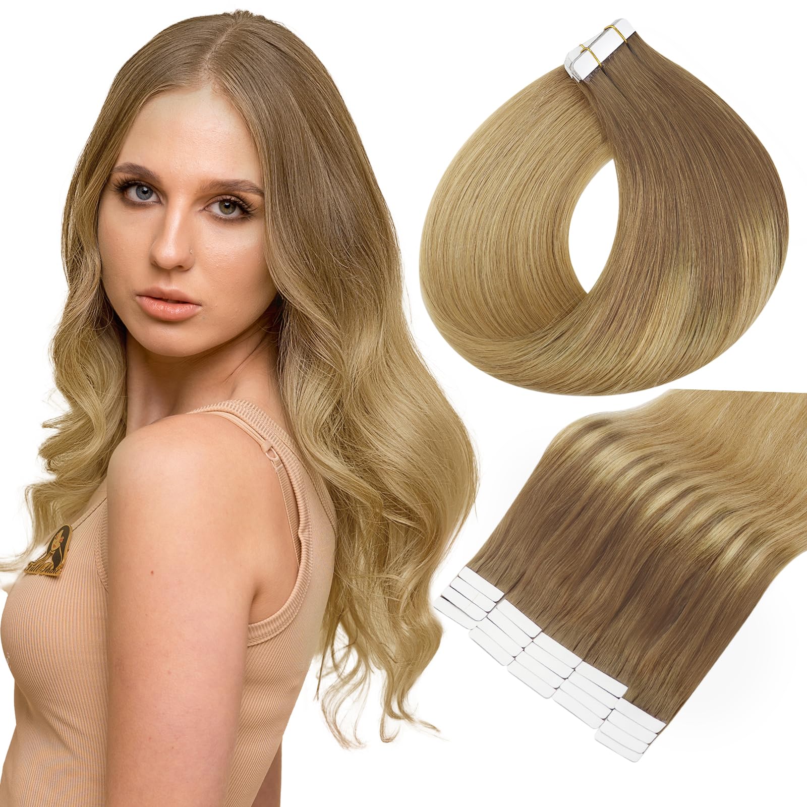 Full Shine Tape In Hair Extensions Human Hair 14 Inch Real Hair Extensions Tape In Balayage Color 10 Light Brown Fading To 14 Go