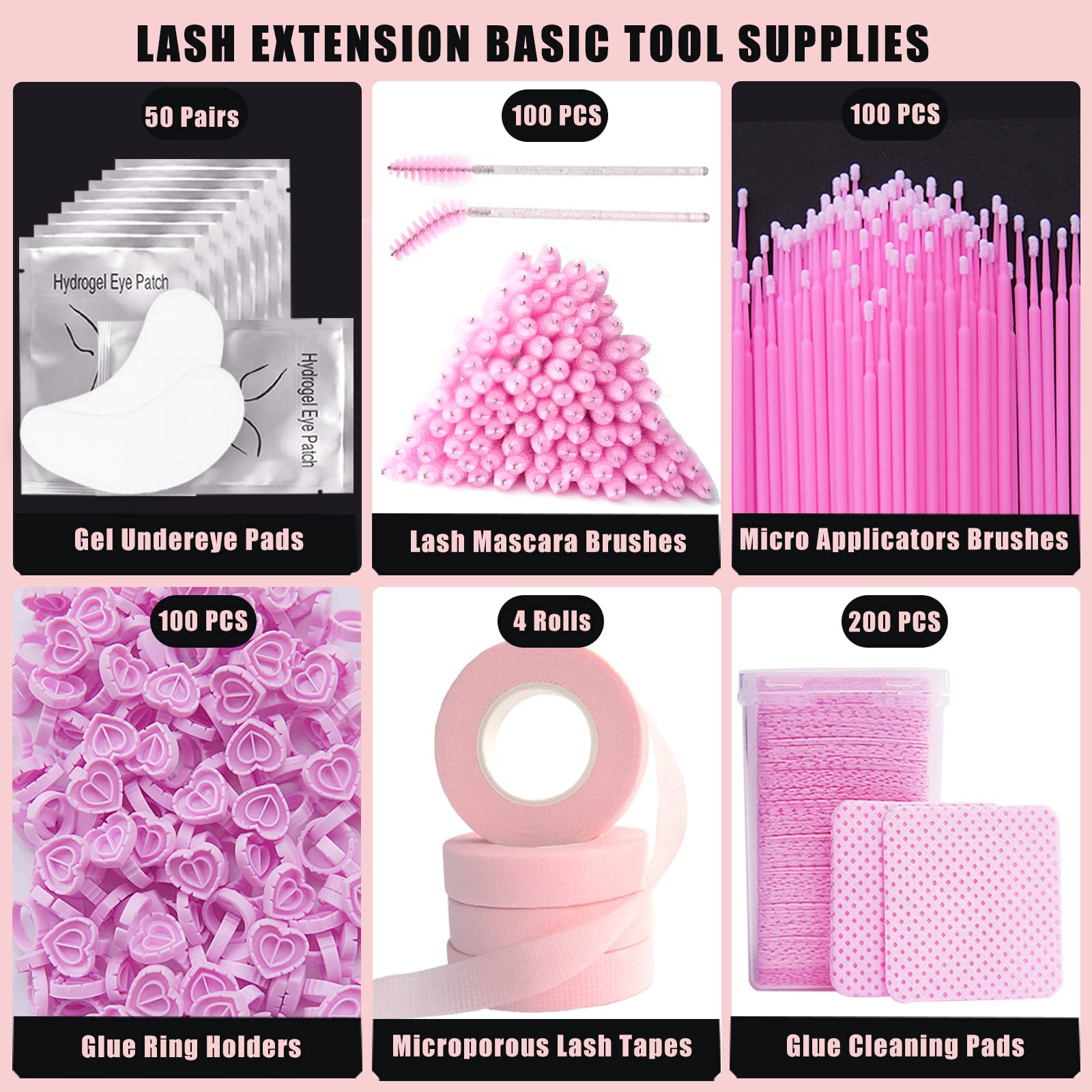 554 Pcs Eyelash Extensions Supply Kit With 50 Pairs Eye Gel Pads For Lash Extensions, 100 Lash Brushes,100 Micro Applicators, 20