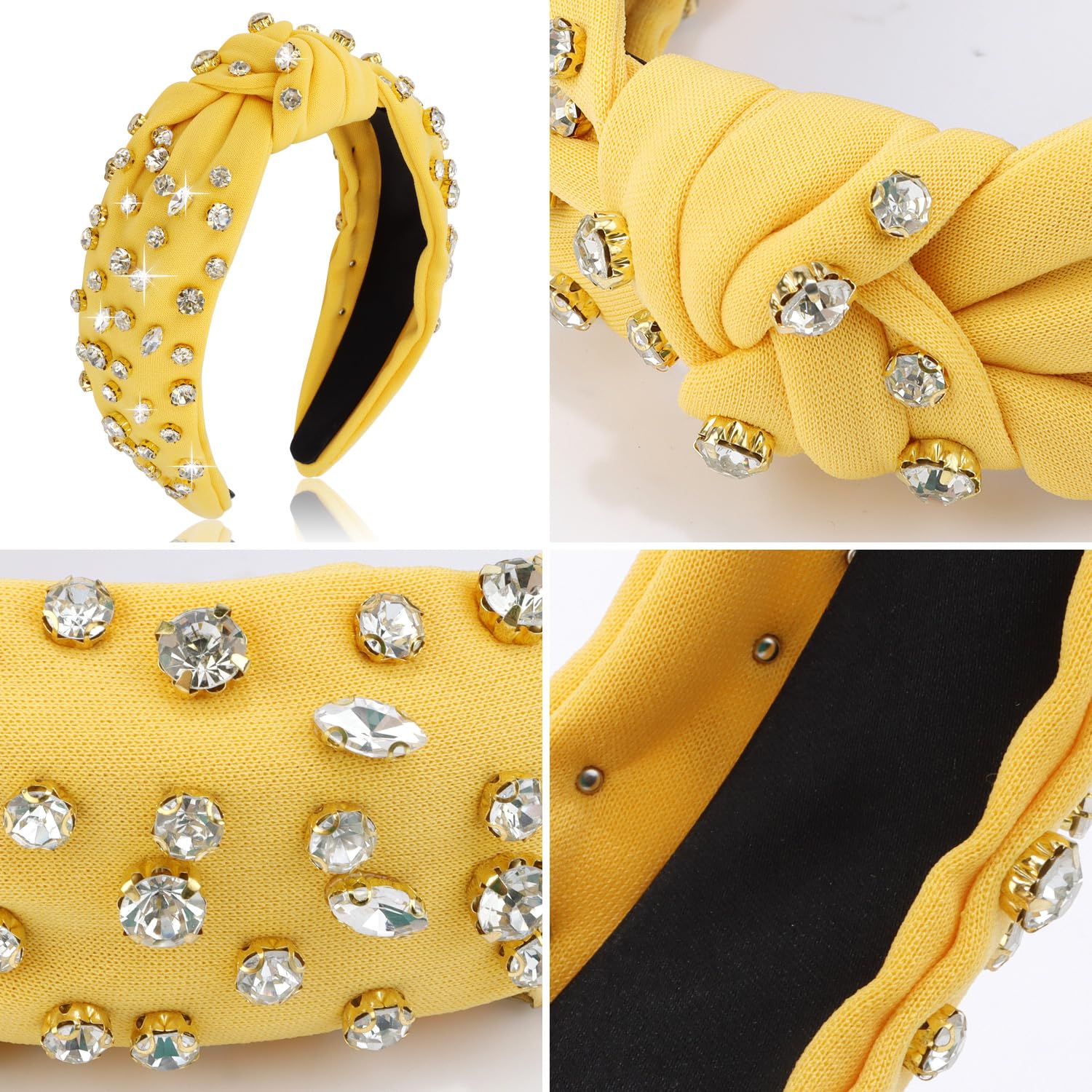 Atoden Yellow Knotted Rhinestone Headband - Wide Top Knot Beaded Crystal Jeweled Headbands For Women'S Hair, Sparkly Embellished