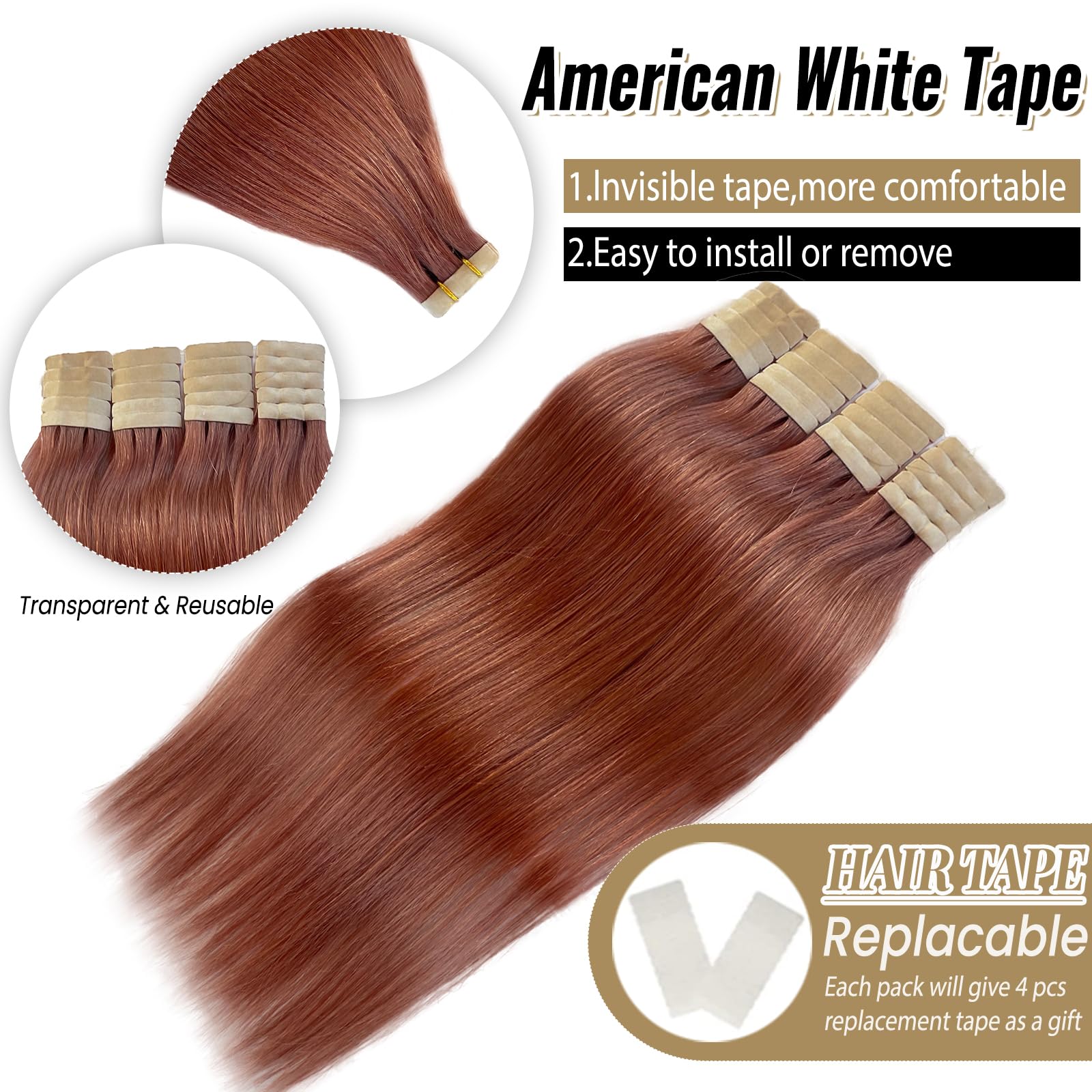 24Inch Tape In Hair Extension 100% Real Human Hair #14 Auburn 20Pcs/Pack Straight Seamless Skin Weft Tape Hair Extensions 70G