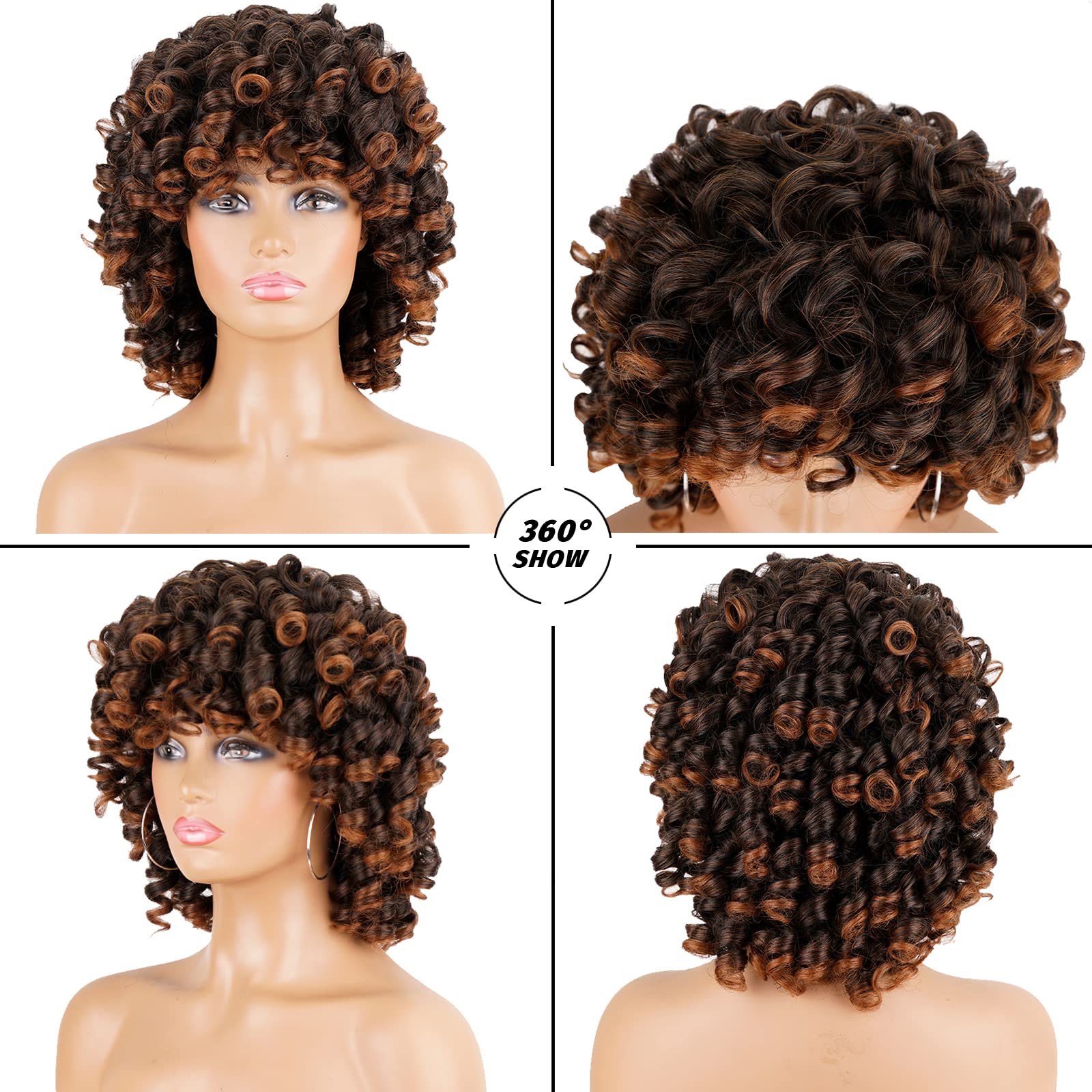 Andromeda Curly Wigs For Black Women Brown Short Curly Wig With Bangs Soft Afro Kinky Curly Synthetic Wig For African American W