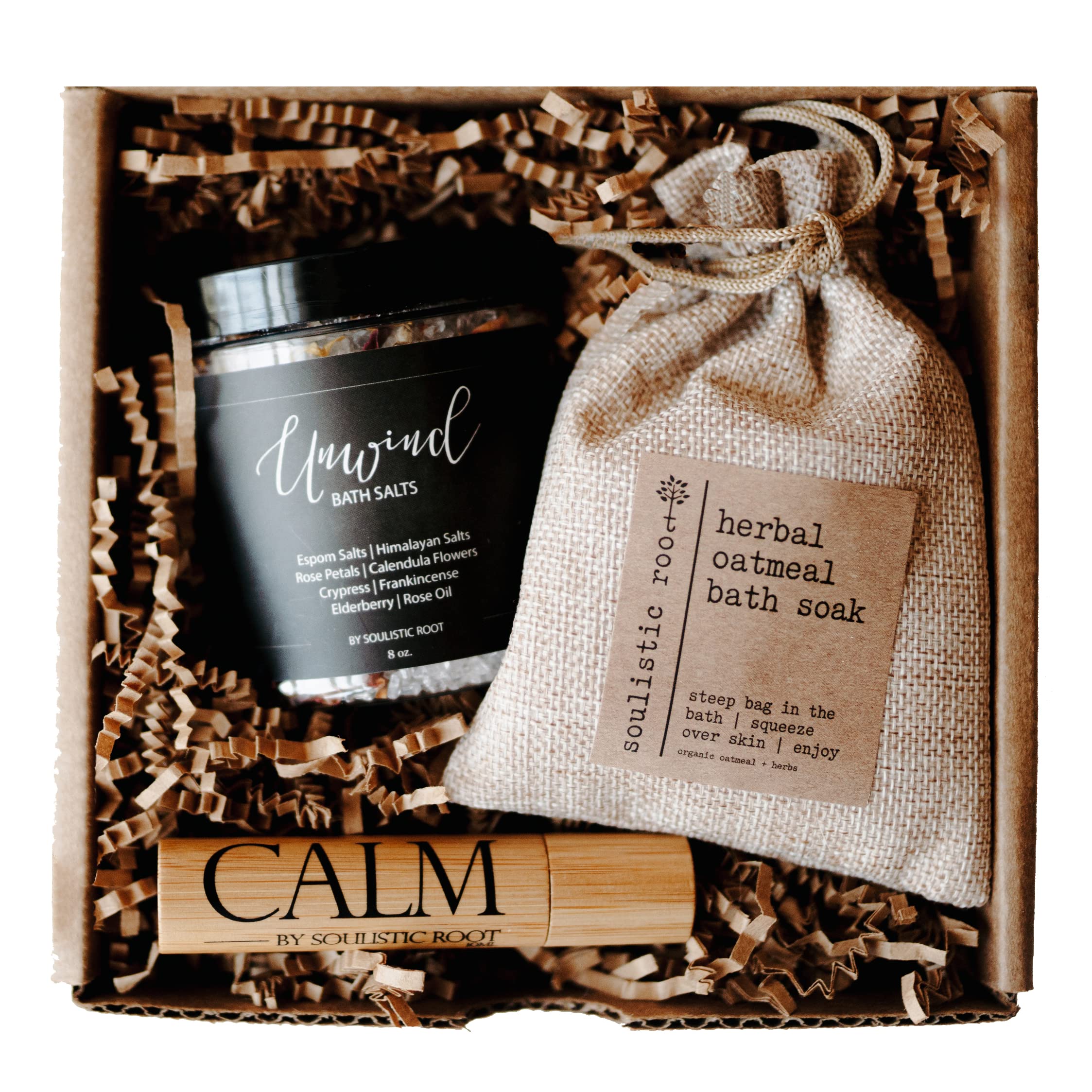 Soulistic Root Relaxing Bath Gift Set, Luxury Spa Gifts For Women, Self Care Products For Women And Men, Calm Essential Oil Roll
