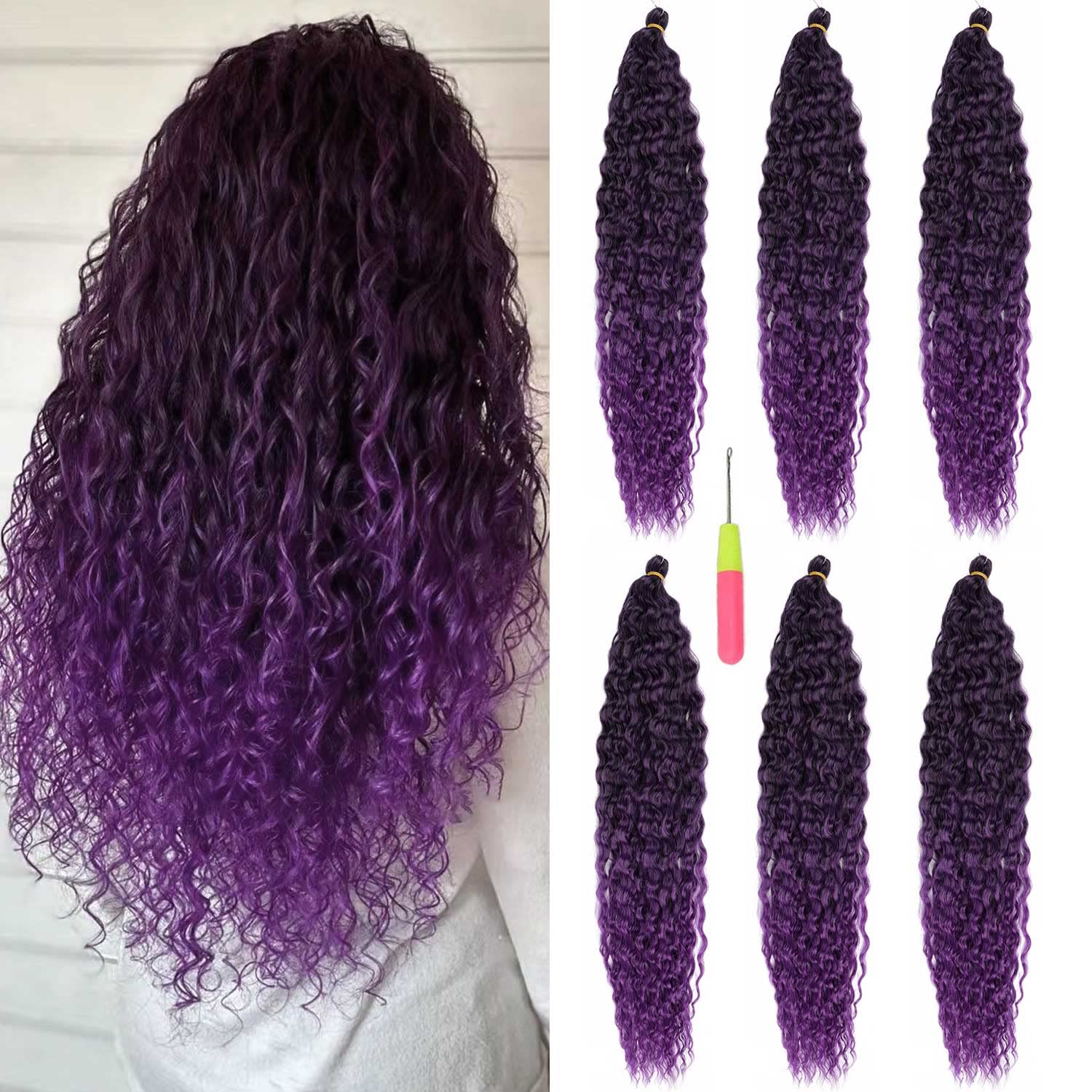 MAYSA Purple Ocean Wave Crochet Hair 22inch Black Mix Purple Ombre Deep Wave Crochet Hair 6Packs Synthetic Curly Crochet Hair #1