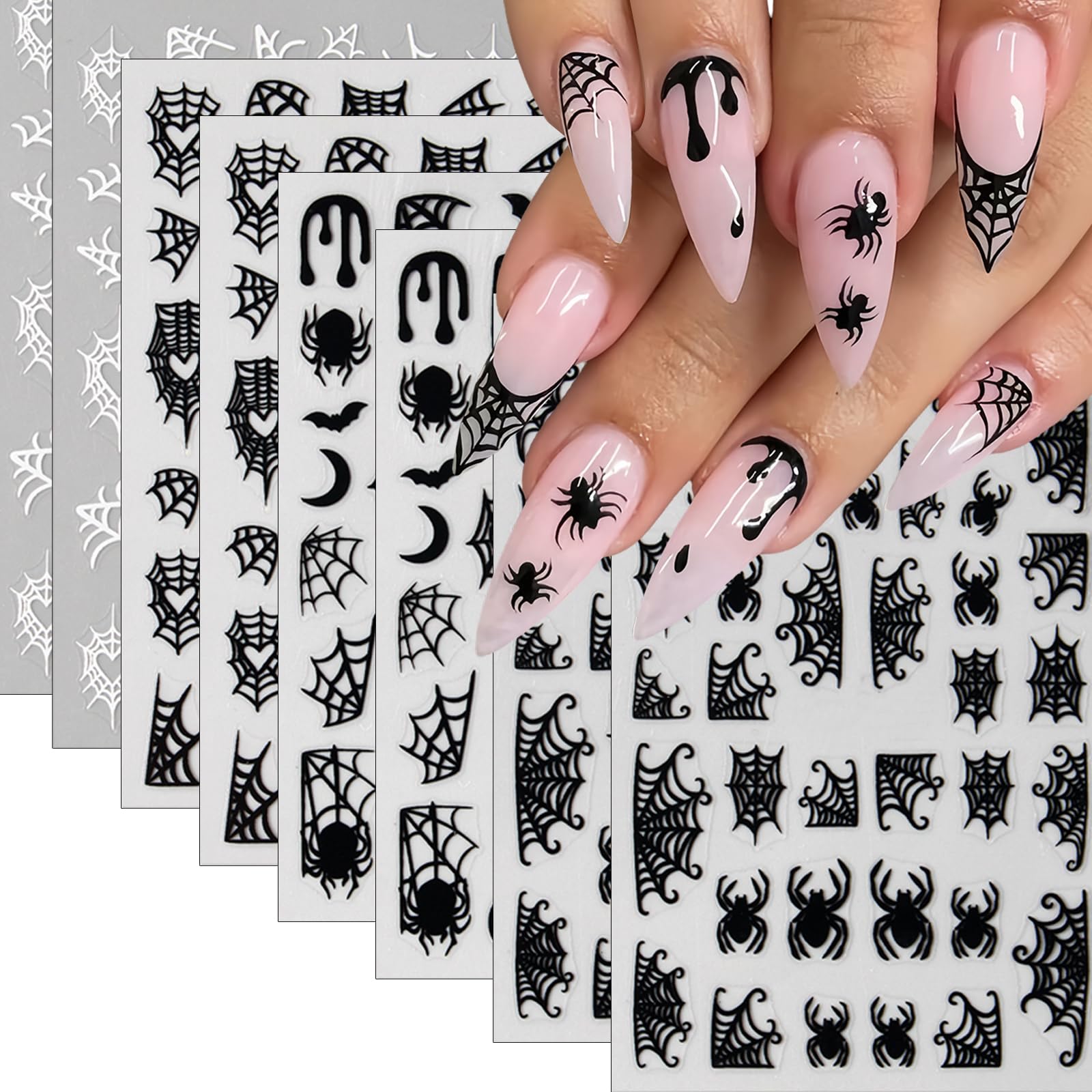 8 Sheets Spider Web Nail Art Stickers 3D Self-Adhesive Spiders Nail Decals Scary Spider Skull Bat Ghost Nail Supplies Black Whit