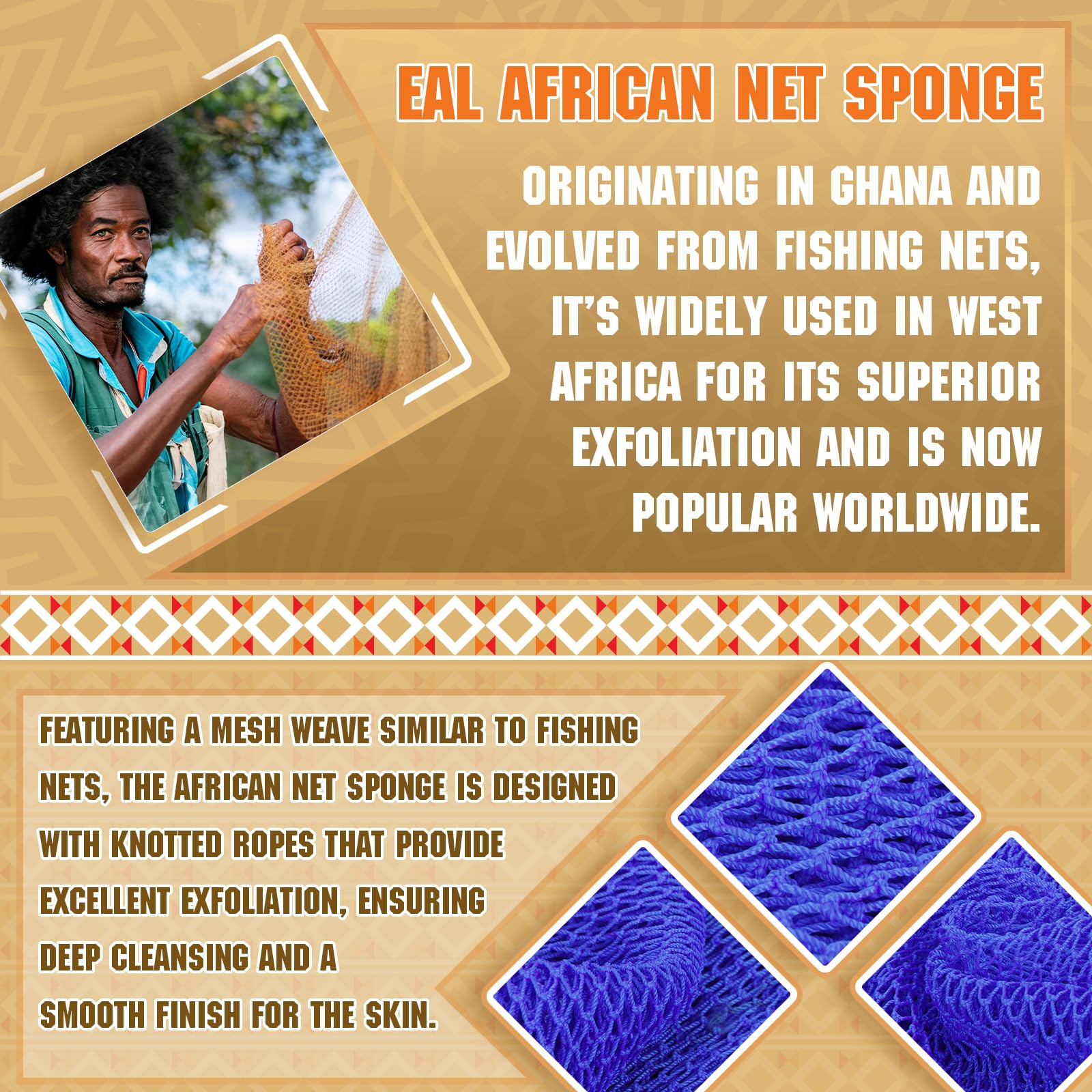 2 Pieces African Net Sponge - Real Authentic Exfoliating Bath Sponges For Silky Smooth Skin, Deep Cleansing Mesh For Full Body,