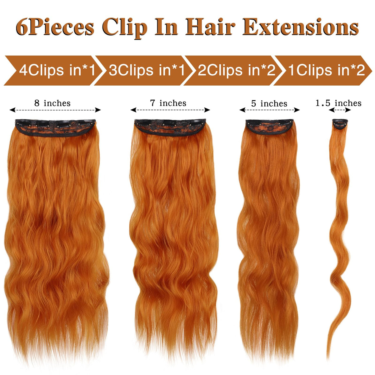 Wecan Clip In Hair Extension 24 Inch Ginger 6Pcs Long Wavy Curly Hairp ...