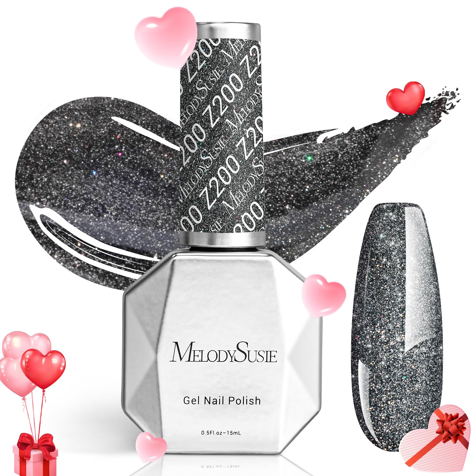 MelodySusie Blcak Glitter Gel Nail Polish,0.5fl oz Black Sliver Glitter Nails Soak Off UV LED Black Glitter Gel Polish Gift for 