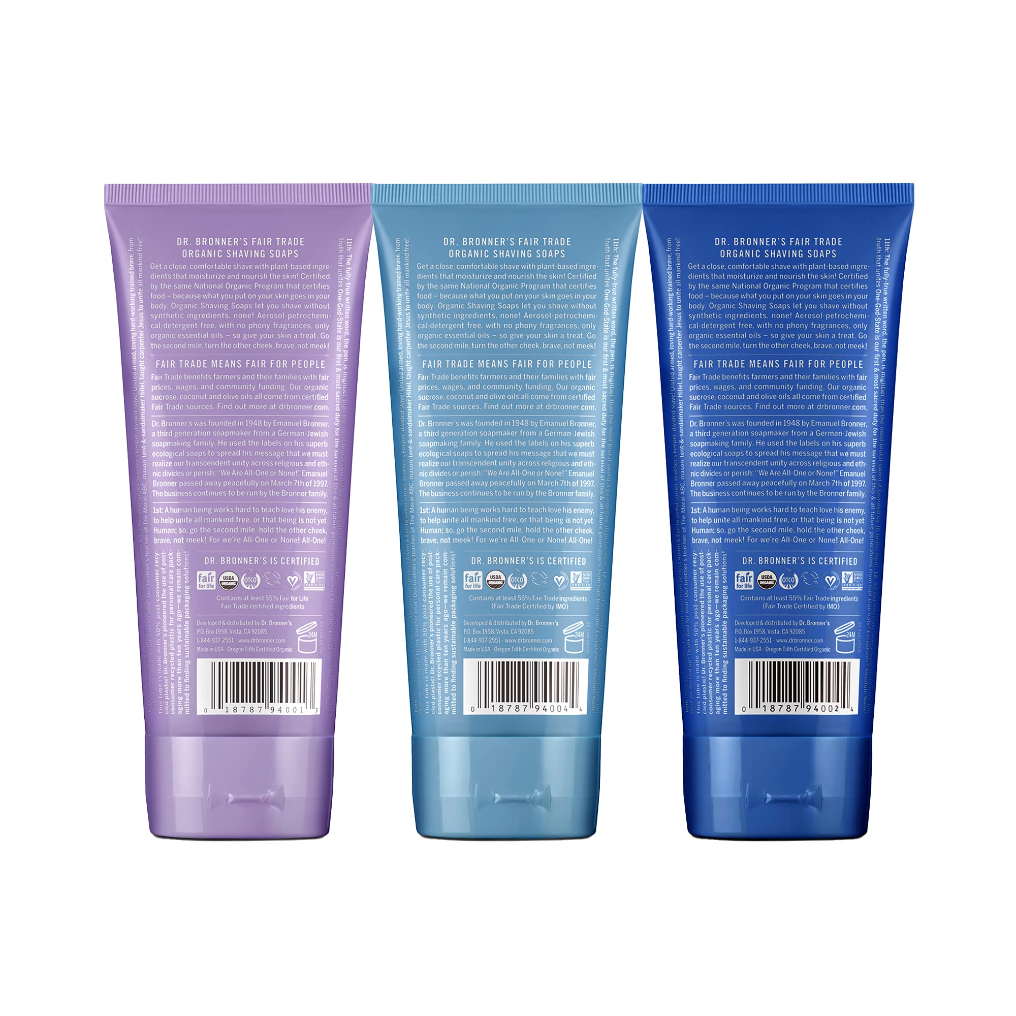 Dr. Bronner's - Organic Shaving Soap (7 oz Variety Pack) Lavender, Baby Unscented, & Peppermint - Certified Organic, Sugar & Shi