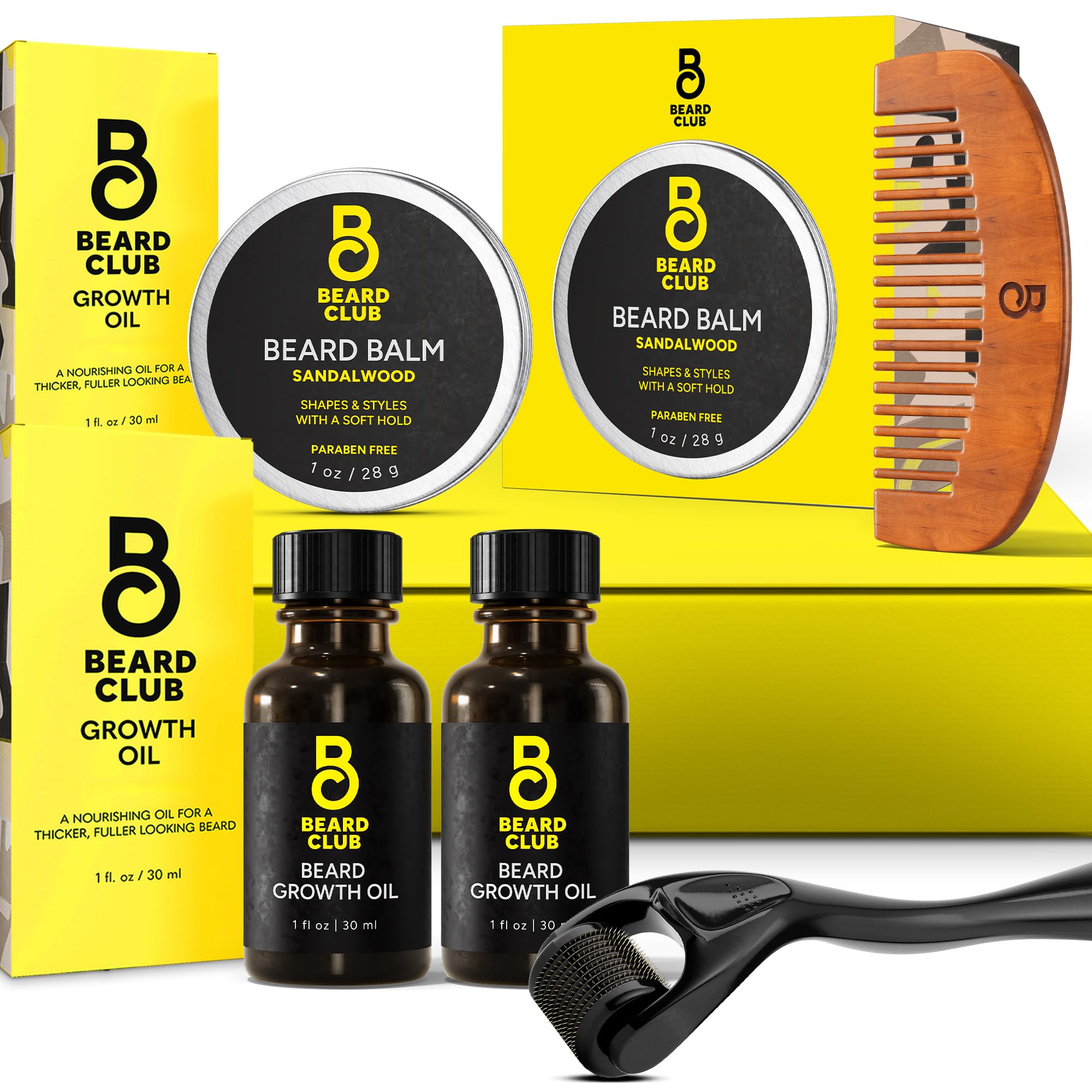 The Beard Club Enhanced Beard Growth Kit - Derma Roller, Beard Growth Oil (2Pk), Sandalwood Beard Balm, Beard Comb - Gift Set