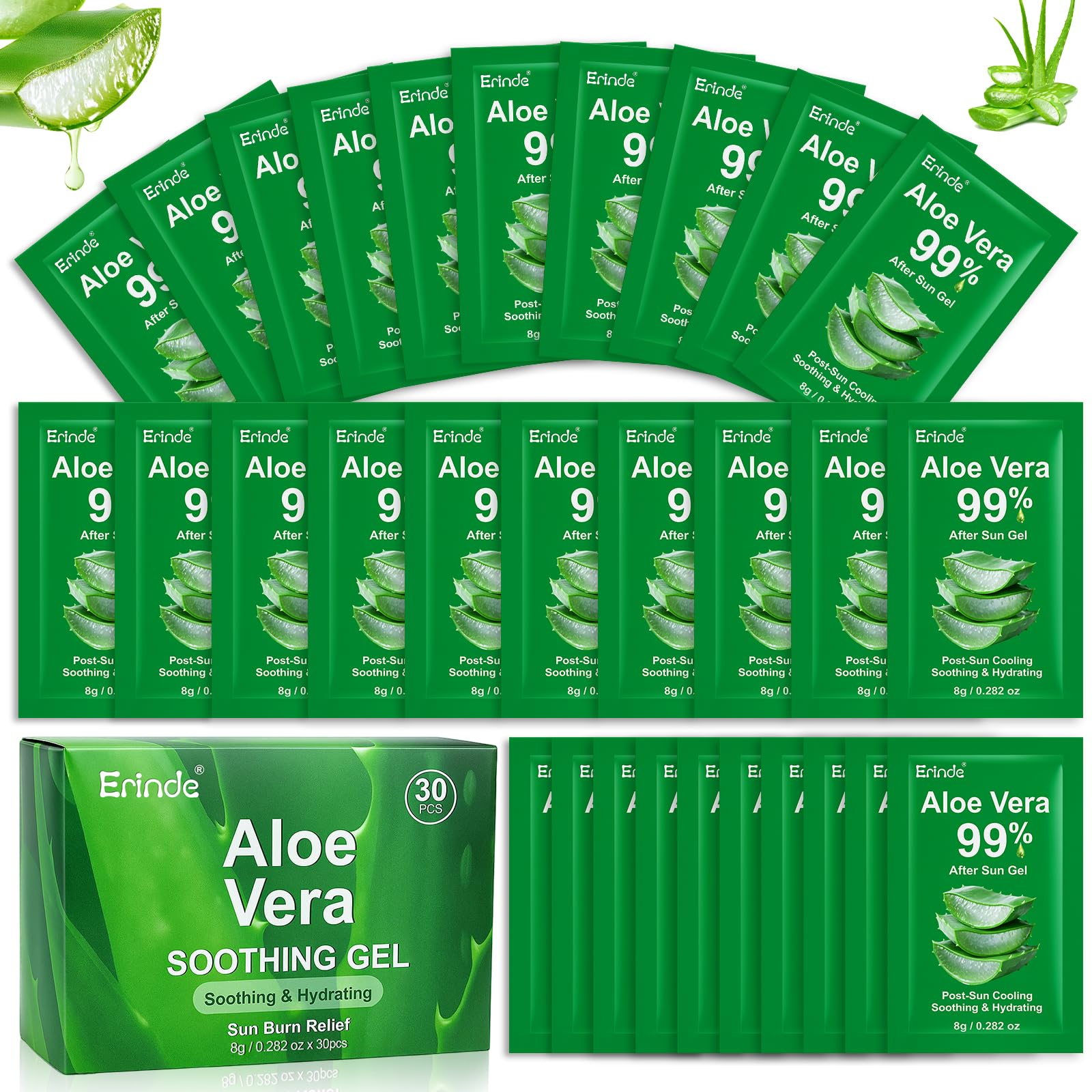 Erinde 30 Pack Travel Size Aloe Vera Gel for Face, Hair & Body, Sunburn Relief, 99% Pure Aloe Vera Gel for After Sun Skin Care R