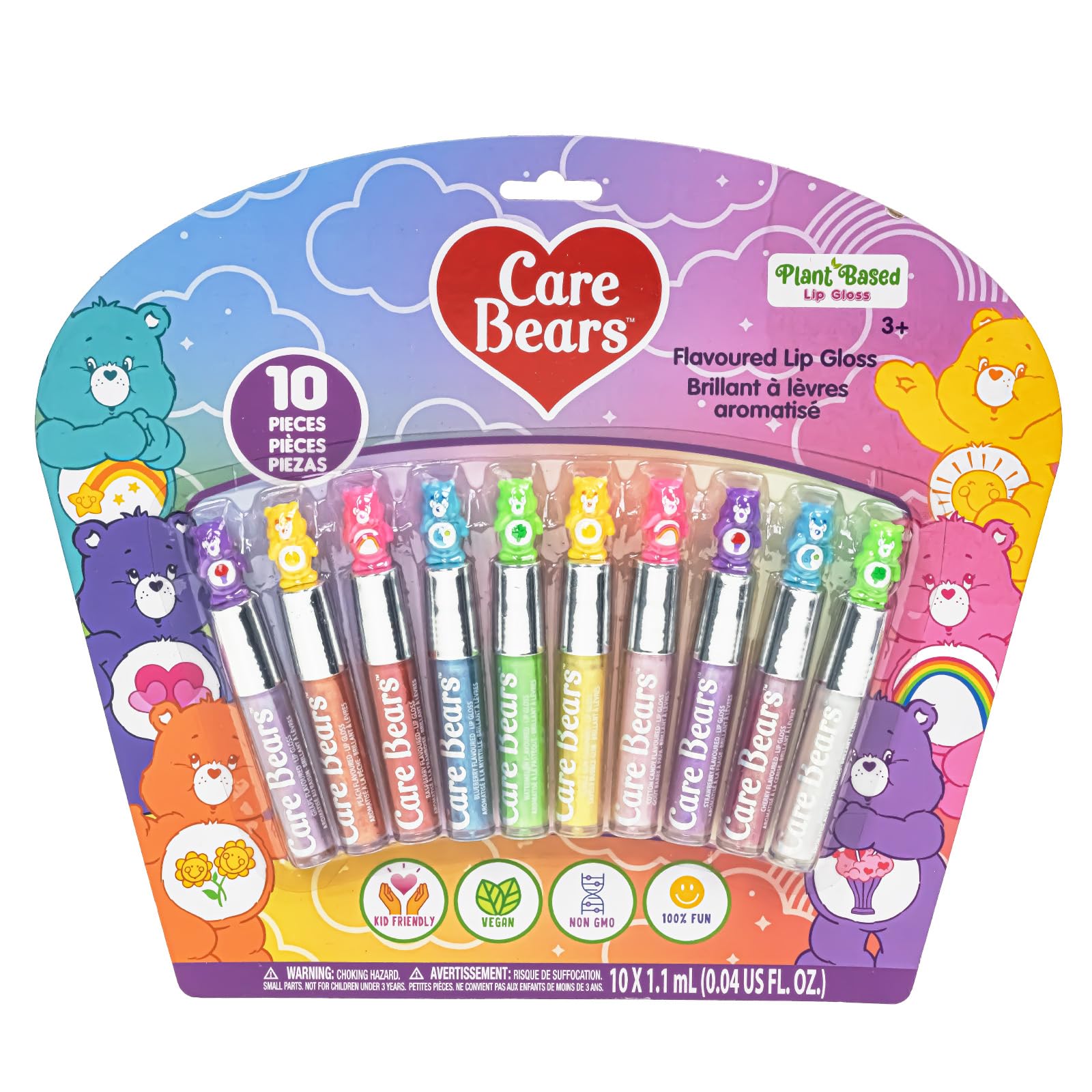 Care Bears 10 Piece Plant Based Lip Gloss, Girls Party Favors, First Makeup Set for Girl, Perfect for Parties, Sleepovers, and B