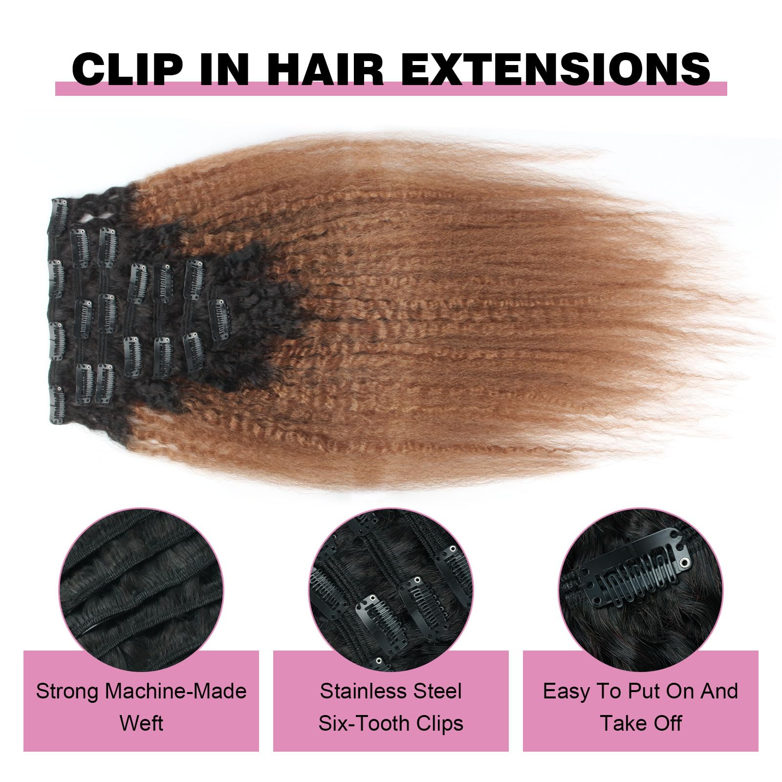 AmazingBeauty 8A Texlaxed Kinkys Straight Ombre Hair Clip Extensions Double Weft Real Remy Human Hair for Black Women, Natural B