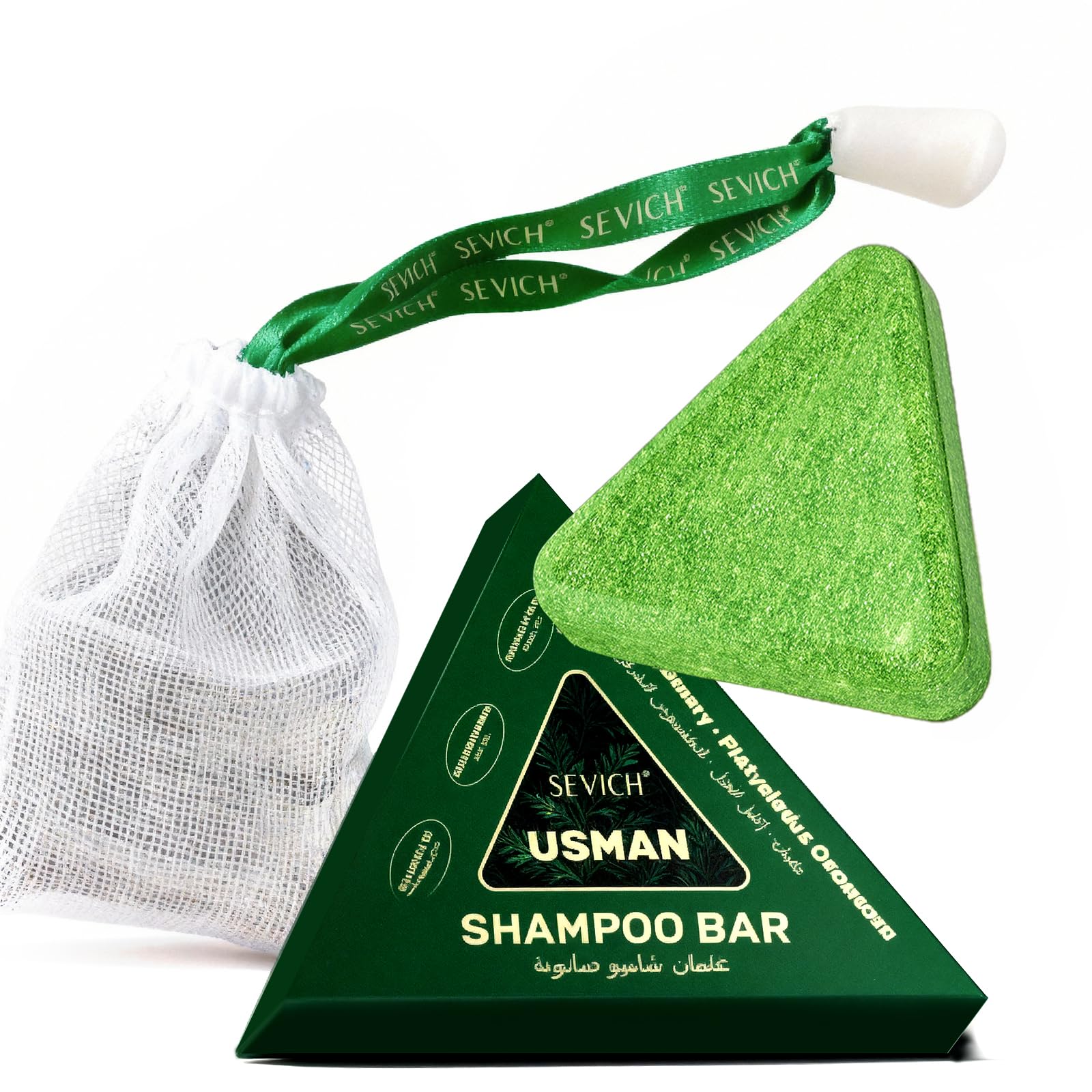 SEVICH Usman Grass Shampoo Bar with Foaming Nets,Nature Triangle Shampoo Bar,3-in-1 Plant Oil Concentrate for Hair Strengthening