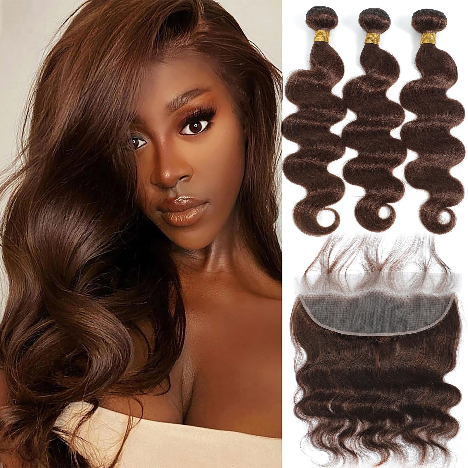 Kapelli Hair Brazilian Body Wave Bundles with Lace Frontal (22 24 26+20Frontal) 10A Light Brown Body Wave Human Hair Bundles wit
