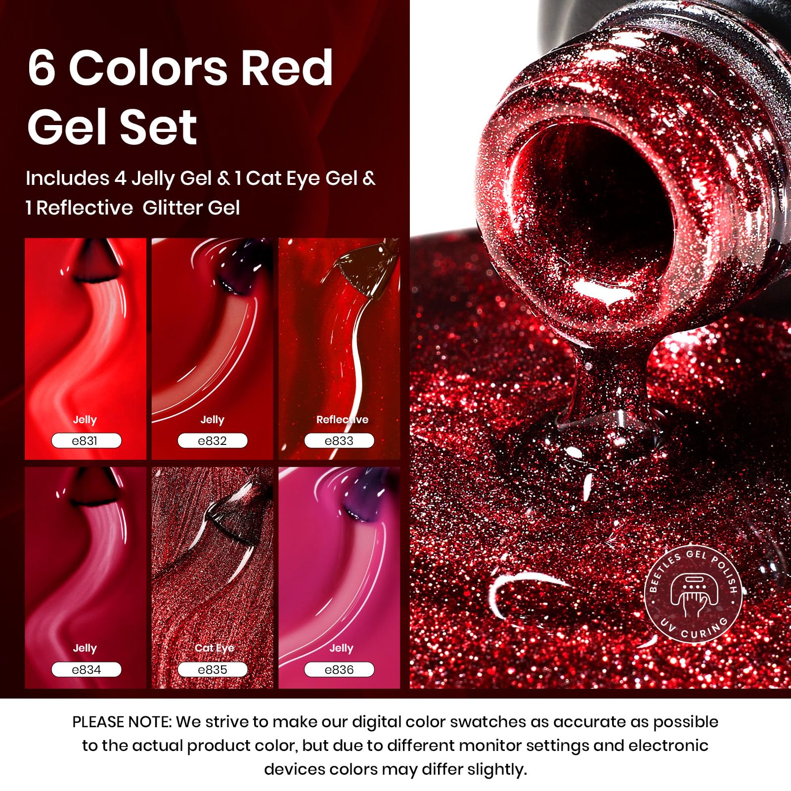 Beetles Red Gel Nail Polish Set, 6 Colors Cat Eye Glitter Burgundy Red Revival Various Bright Jelly Nail Polish Set With Magnet,