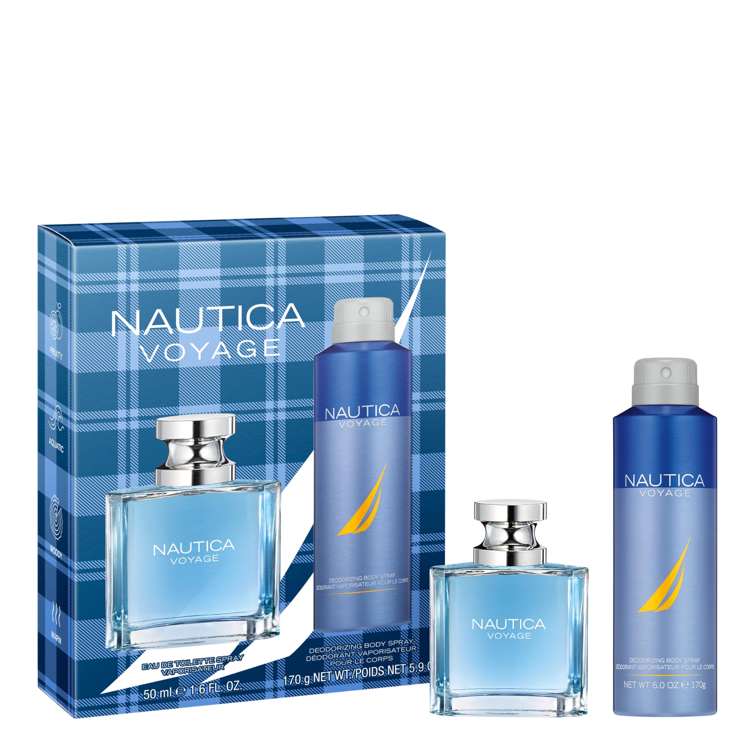 Nautica Voyage Giftset, 1.6 fl oz EDT + 6 oz Deodorizing Body Spray, Notes of Apple, Cedarwood, Mimosa, Men's Fragrance, Long La