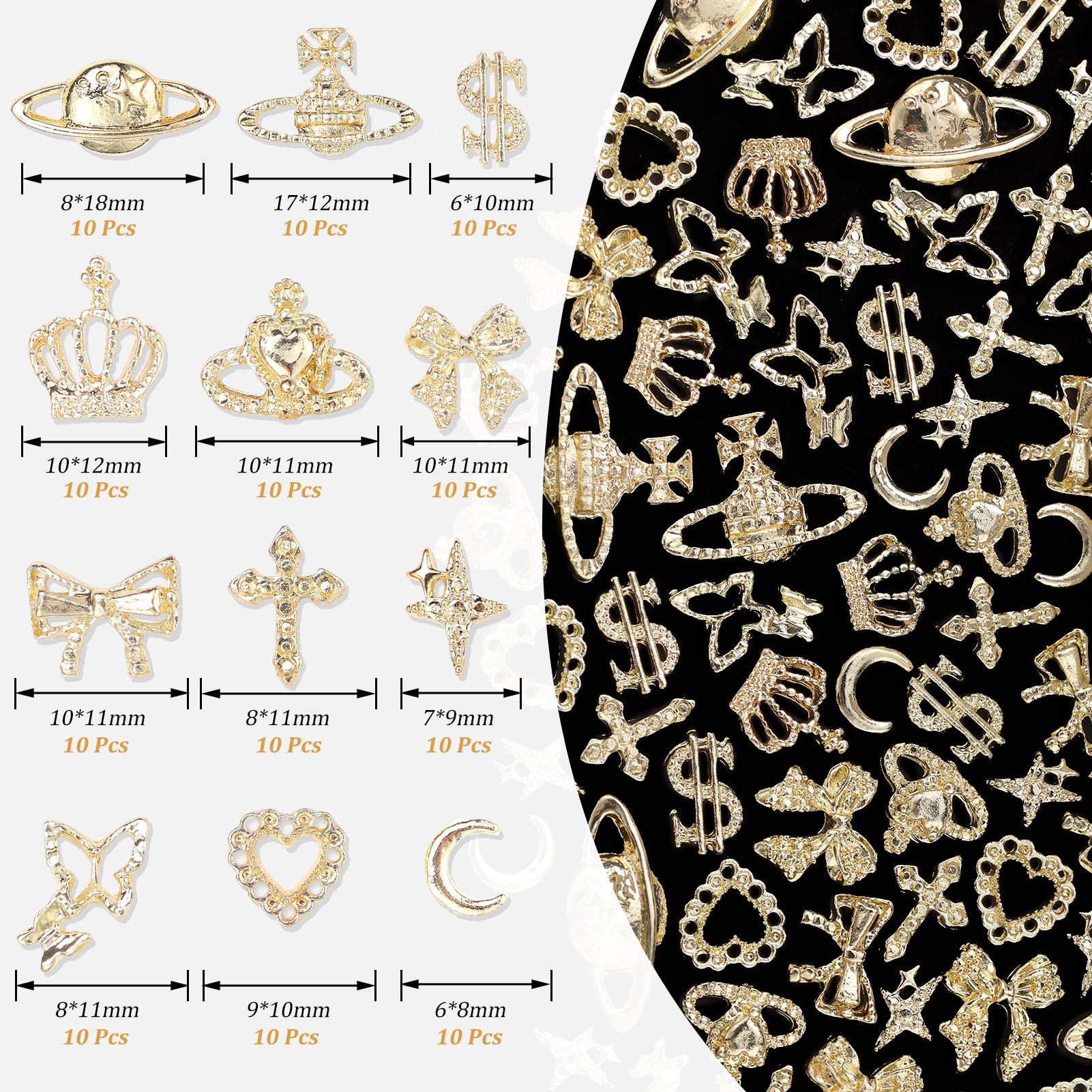 120 Pcs 12Styles 3D Gold Alloy Nail Charms Kit, Dollar Crown Butterfly Metal Nail Charms, Shiny Bows Planet Cross Heart Nail Cha