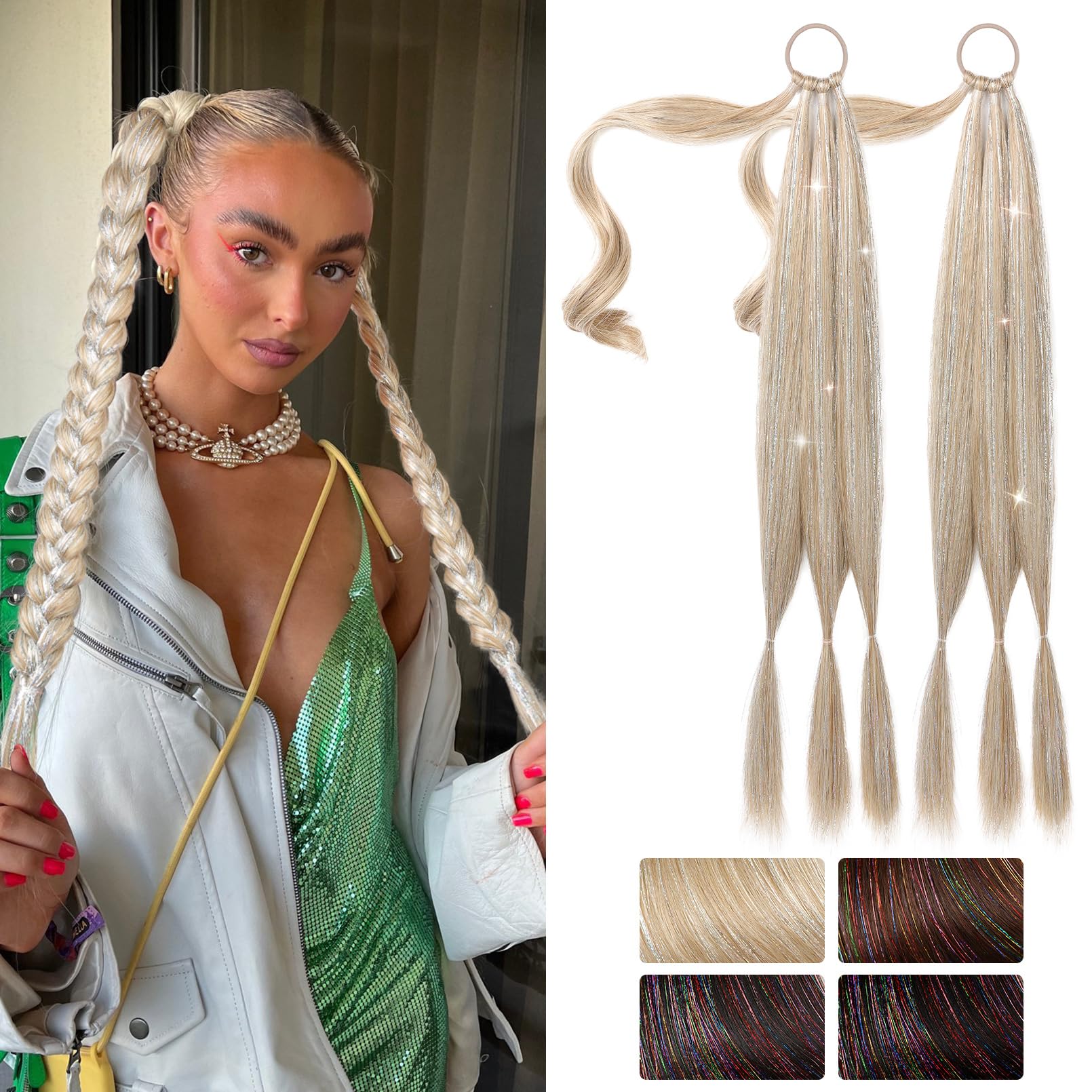 SEIKEA Braid Ponytail Extension with Glitter Hair Tinsel, 2PCS 26'' Long Straight DIY Braid Hair Extension with Hair Tie, Wrap A