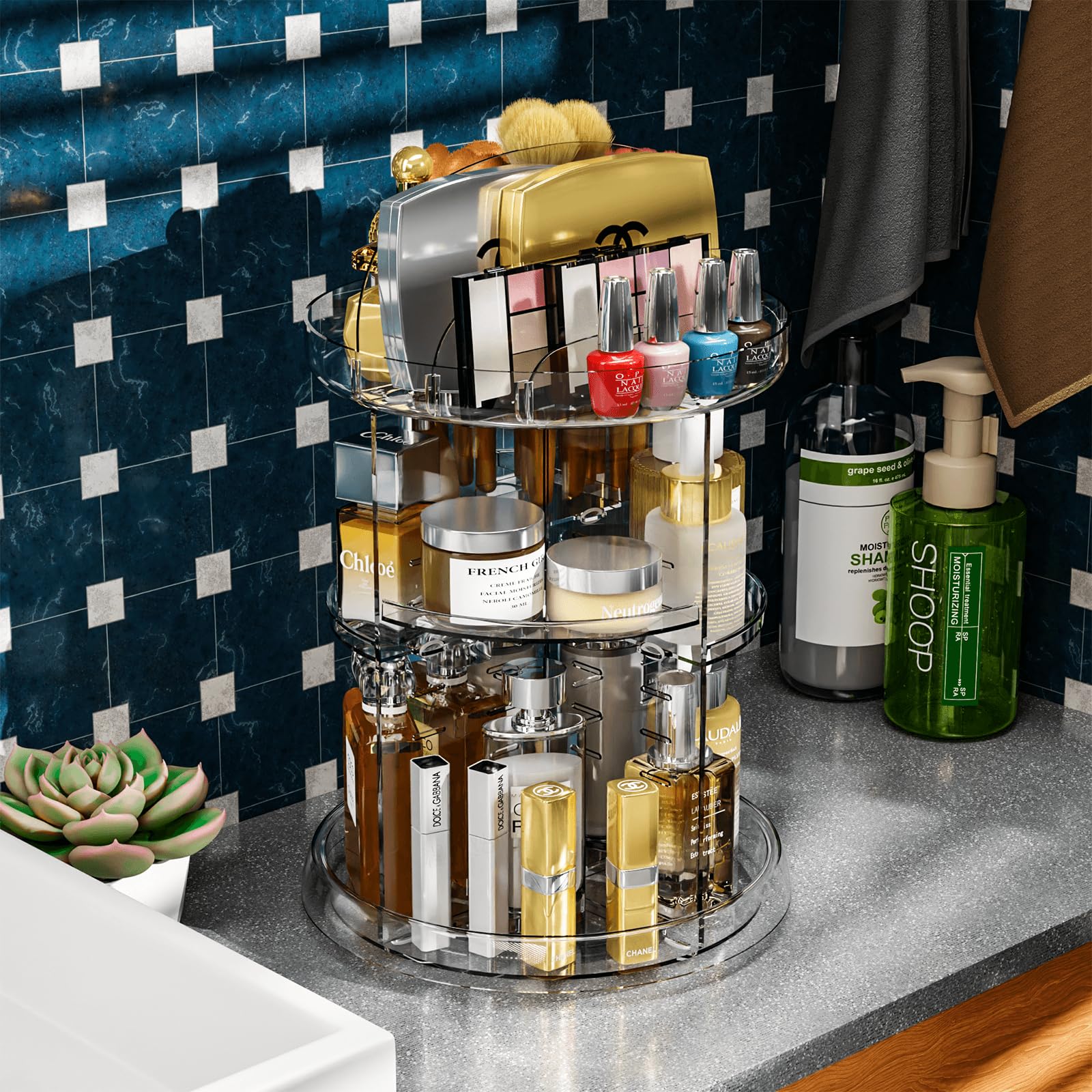 Clear 360 Rotating Makeup Organizer For Vanity - 6 Tier Adjustable Spinning Bathroom Counter Cosmetic Display Cases And Makeup H