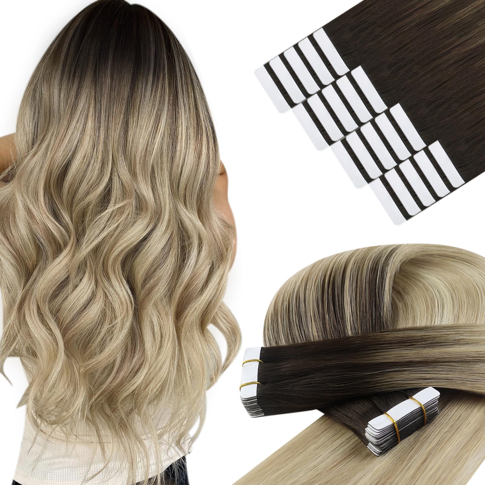 YoungSee Tape in Hair Extensions Real Human Hair Ombre 16In Invisible Tape in Hair Extensions Dark Brown Ombre Blonde with Brown