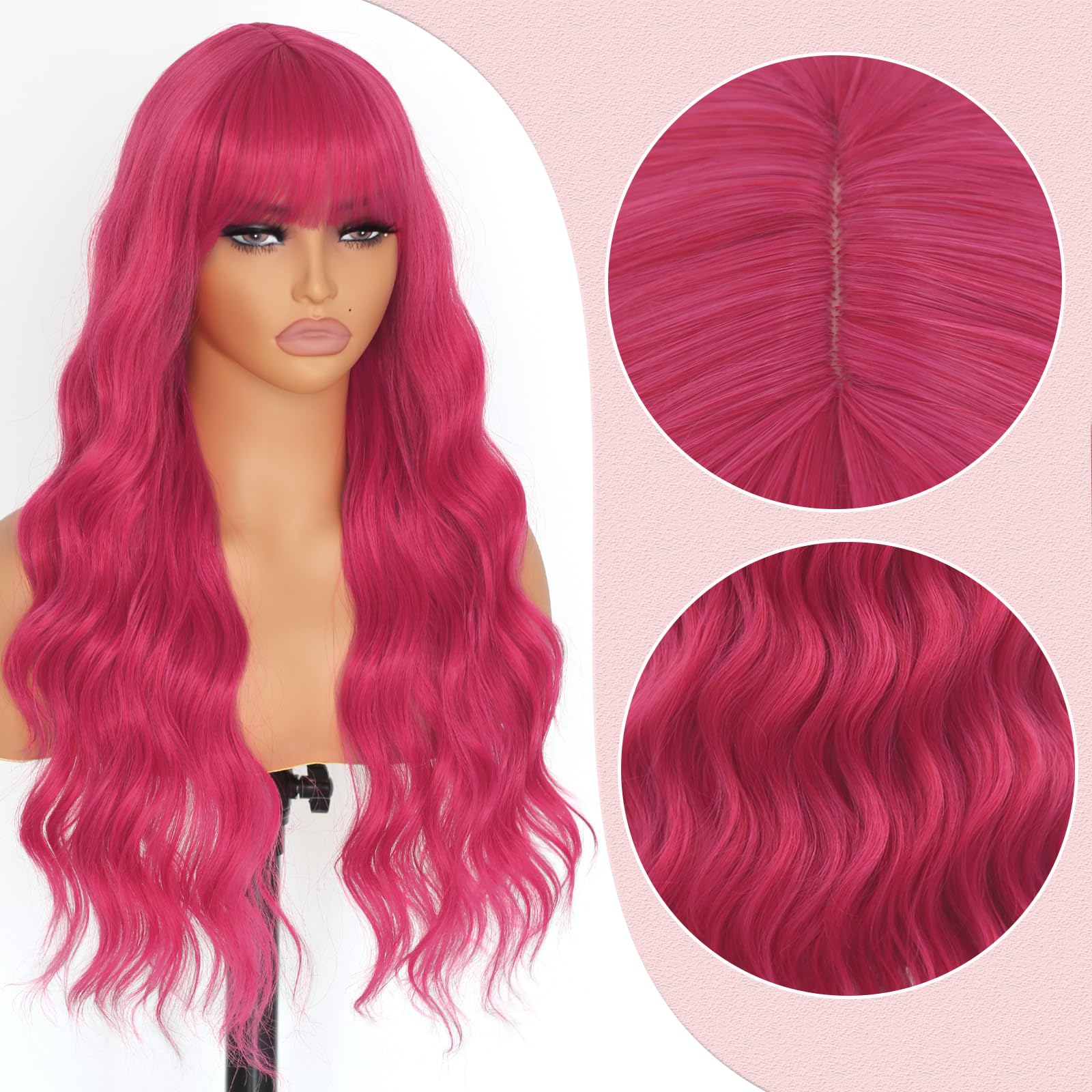 Evlynn Hot Pink Wig For Women Long Curly Wig Cap With Bangs Natural Wave Synthetic Fiber Glueless Hair Wigs For Daily Party Cosp