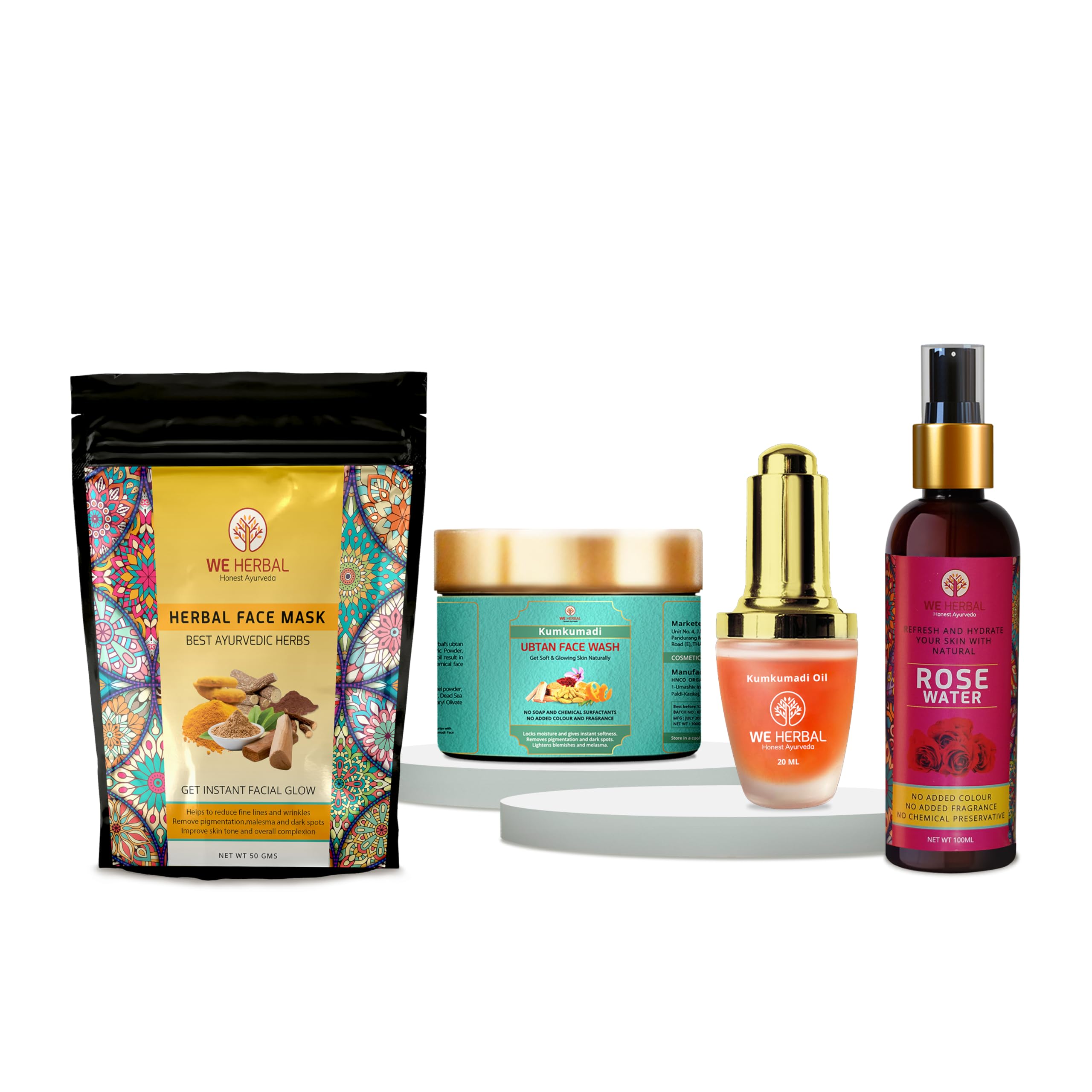 We Herbal Kumkumadi Oil Combo, Ayurvedic Beauty Set With Kumkumadi Oil 20Ml, Kumkumadi Ubtan Face Wash 100G, Rose Water 100Ml, H