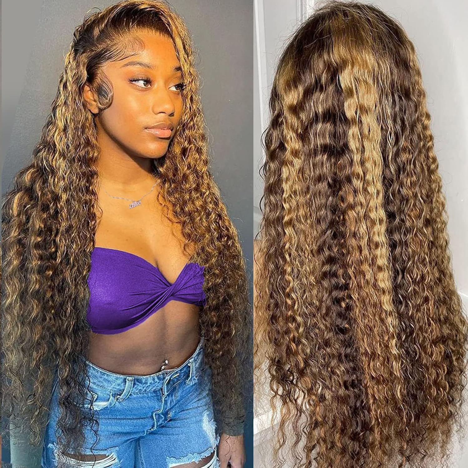 SNJON 22 Inch Highlight Ombre Lace Front Wig Human Hair 13x4 Transparent Water Wave Honey Blonde HD Lace Front Wig Human Hair 18
