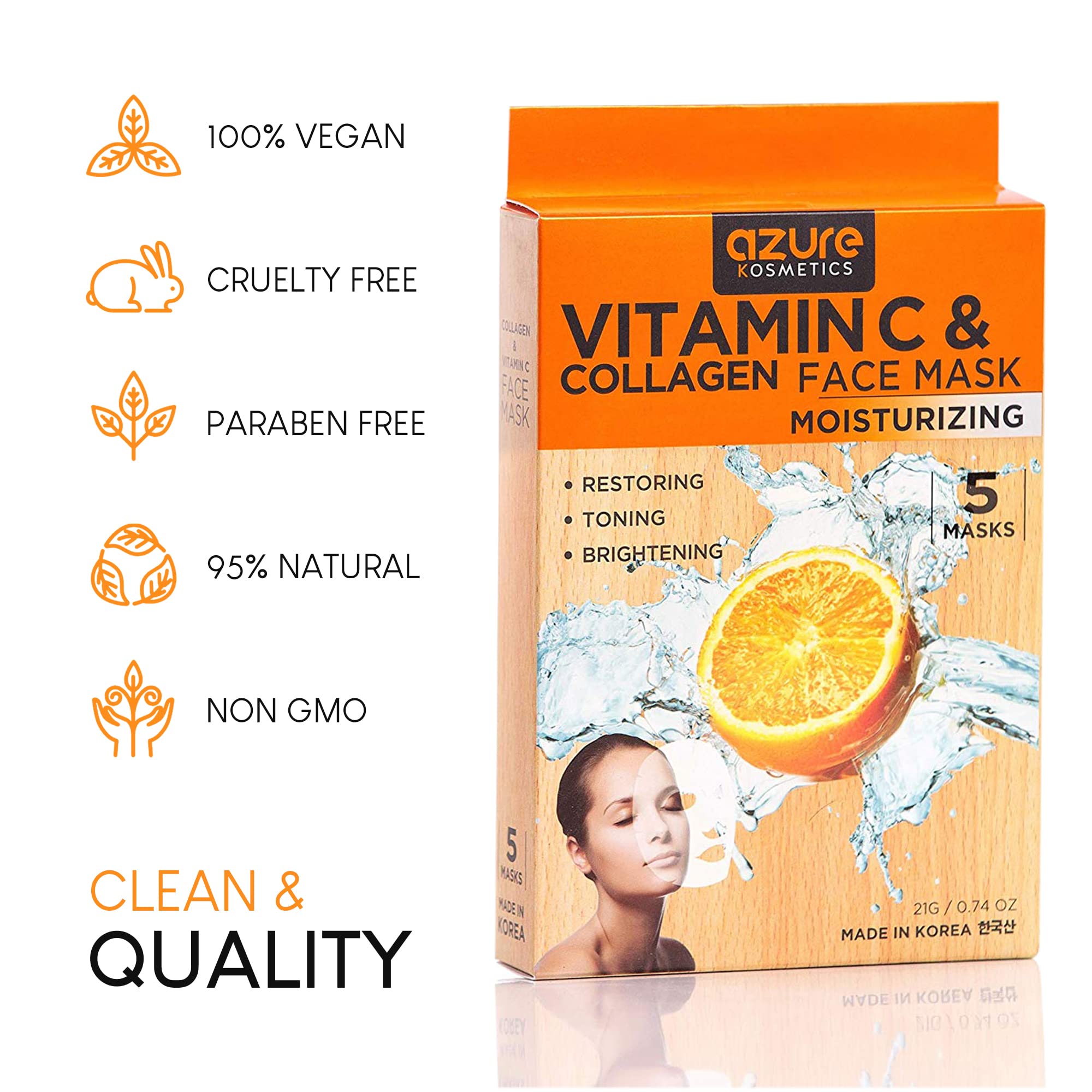 AZURE Vitamin C & Collagen Moisturizing Facial Mask- Anti Aging, Deeply Moisturizing & Firming - Brightening Mask, Improves Elas
