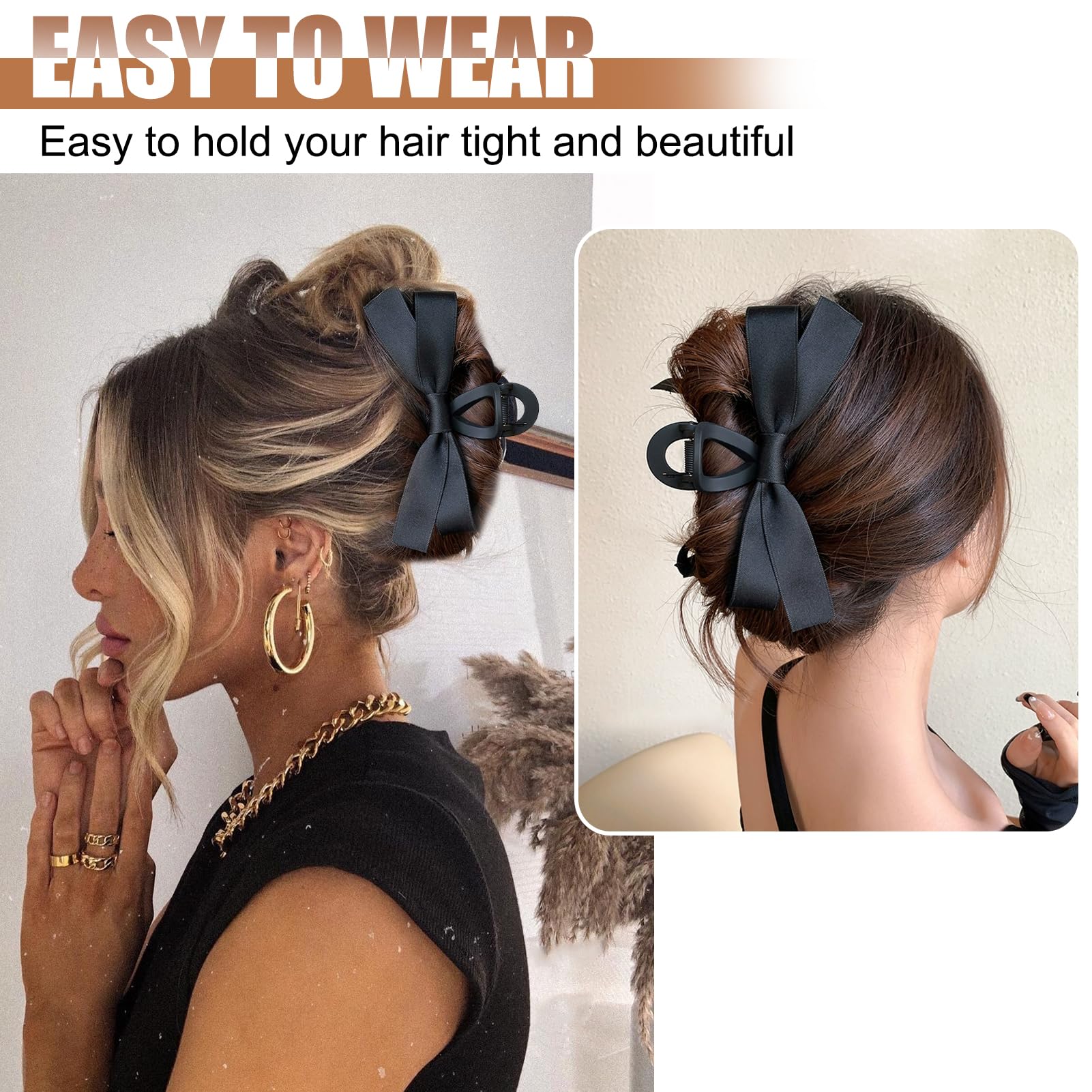 Vodolo Black Bow Hair Claw Clip For Women Girls,3Pcs Nonslip Big Bows Hair Claws Barrette For Thick Thin Hair,Large Hair Accesso