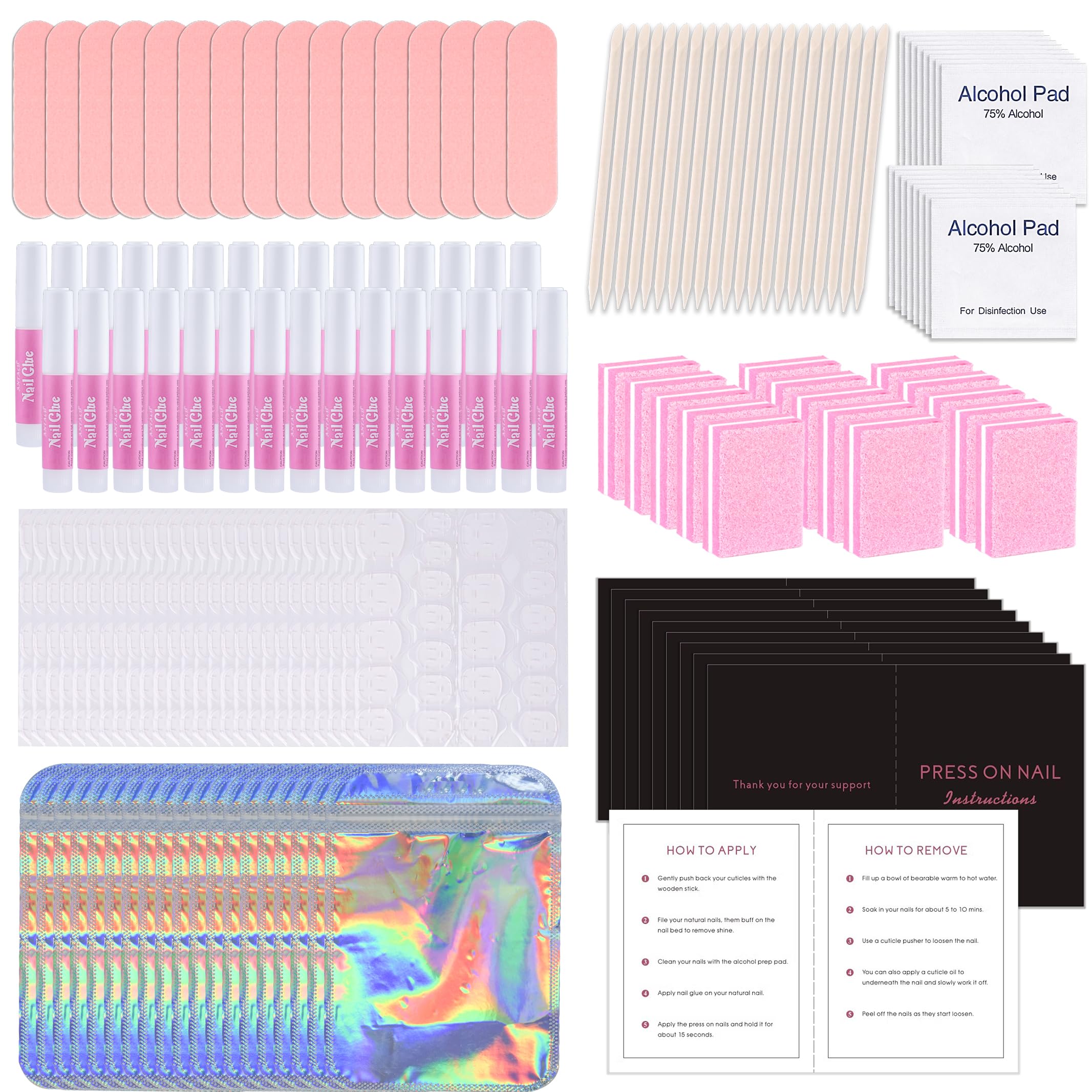 50 Set Press On Nail Tool Prep Kit for Nail Salon Business, Disposable Manicure Kit with Nail File, Buffer, Nail Glue, Prep Pad,
