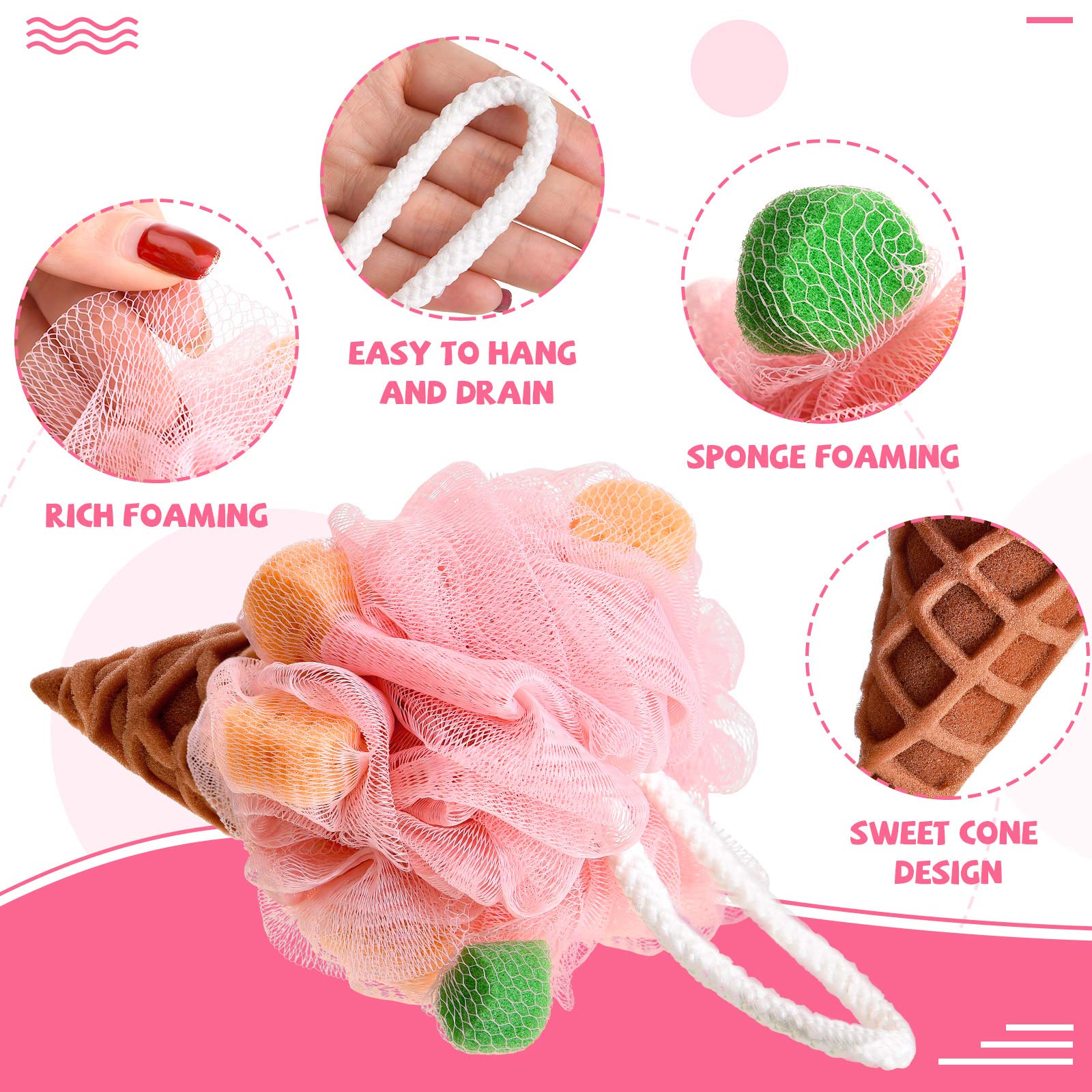 4 Pieces Kids Loofah Ice Cream Cone Bath Sponge Kids Bath Shower Sponge Body Scrubber Exfoliating Loofah For Kids Spa Shower