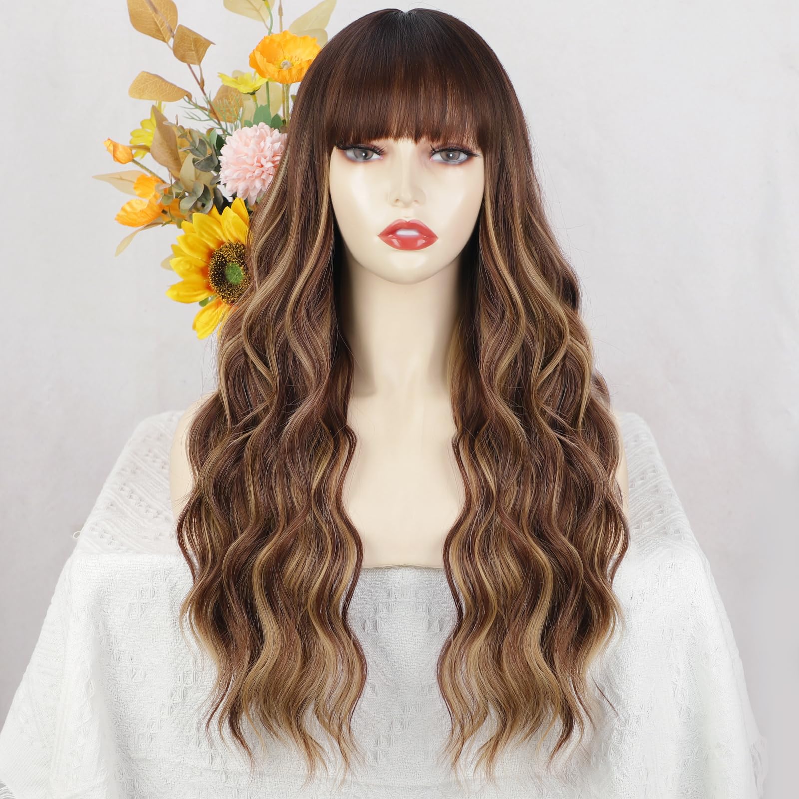 Aisi Queens Wigs With Bangs Brown Highlight Wigs For Women Long Wavy Wigs With Dark Roots Synthetic Heat Resistant Fibre Brown M