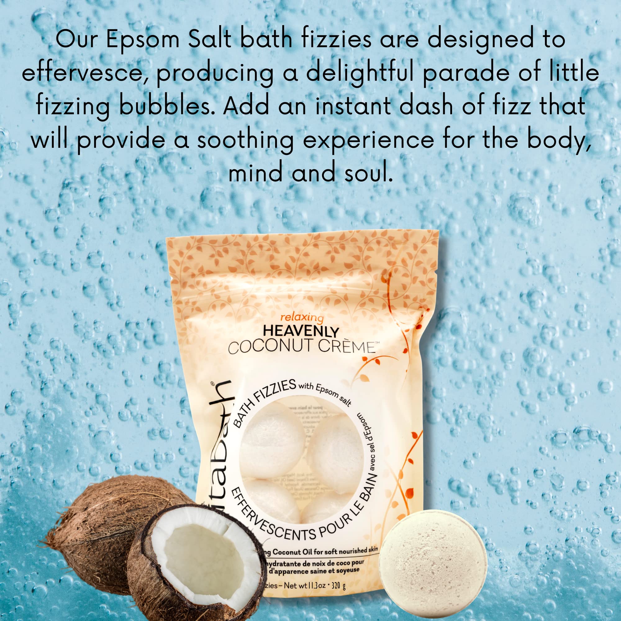 Vitabath Heavenly Coconut Crème Bath Fizzies - 10 oz Epsom Salt Relaxation & Nourishing Aromatherapy - 6 Count