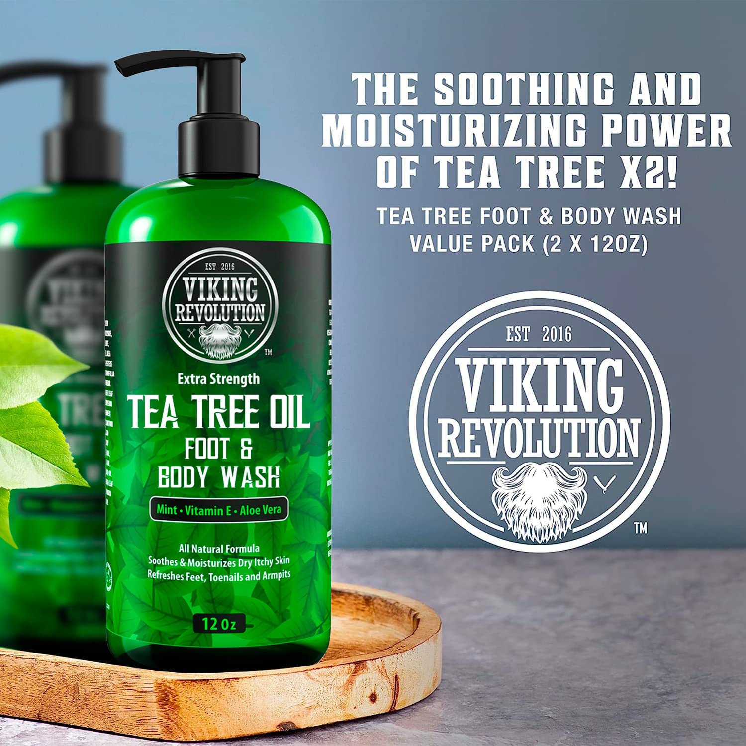 Viking Revolution Tea Tree Oil Body Wash Soap for Men - Helps Athlete's Foot, Toenail, Jock Itch, Eczema, Ringworm & Body Odors