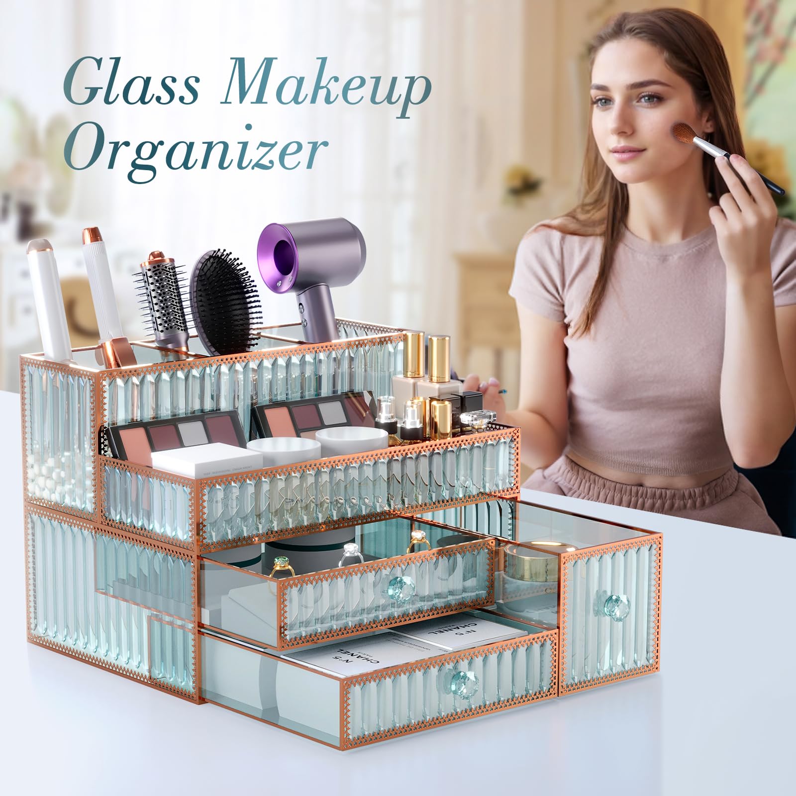 Youdepot Makeup Organizer Countertop - Tempered Glass Vanity Organizer For Cosmetics, Skincare, Hair Tools, Brushes, Perfume - M