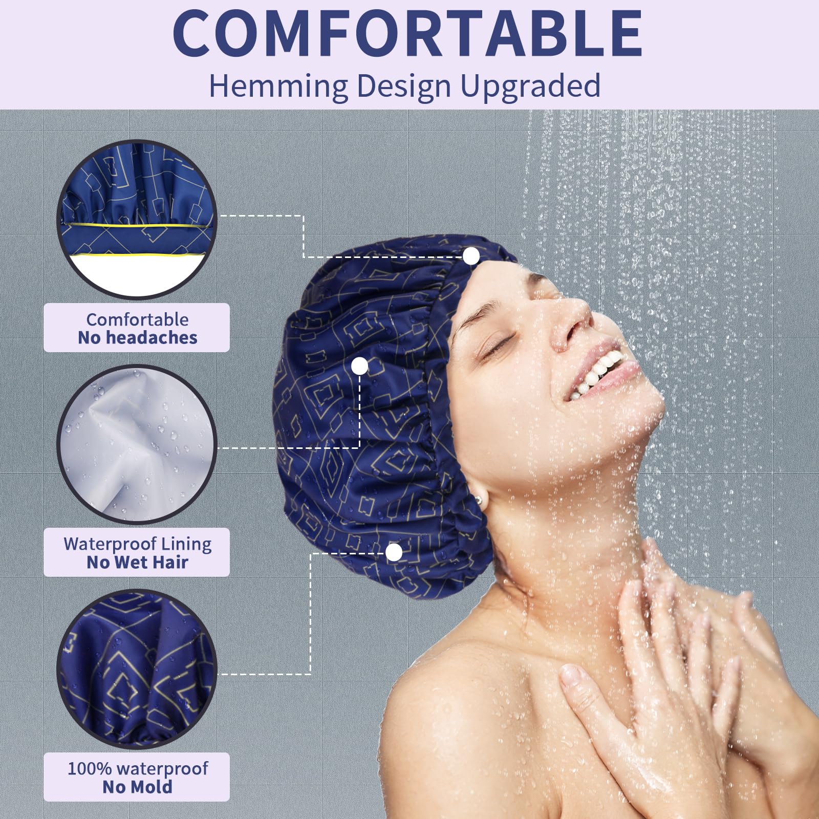 3 Pcs Shower Caps For Women, Upgrade Comfortable & Extra Large & Double Layers Waterproof Bath Cap, Oversized Designed Adjustabl