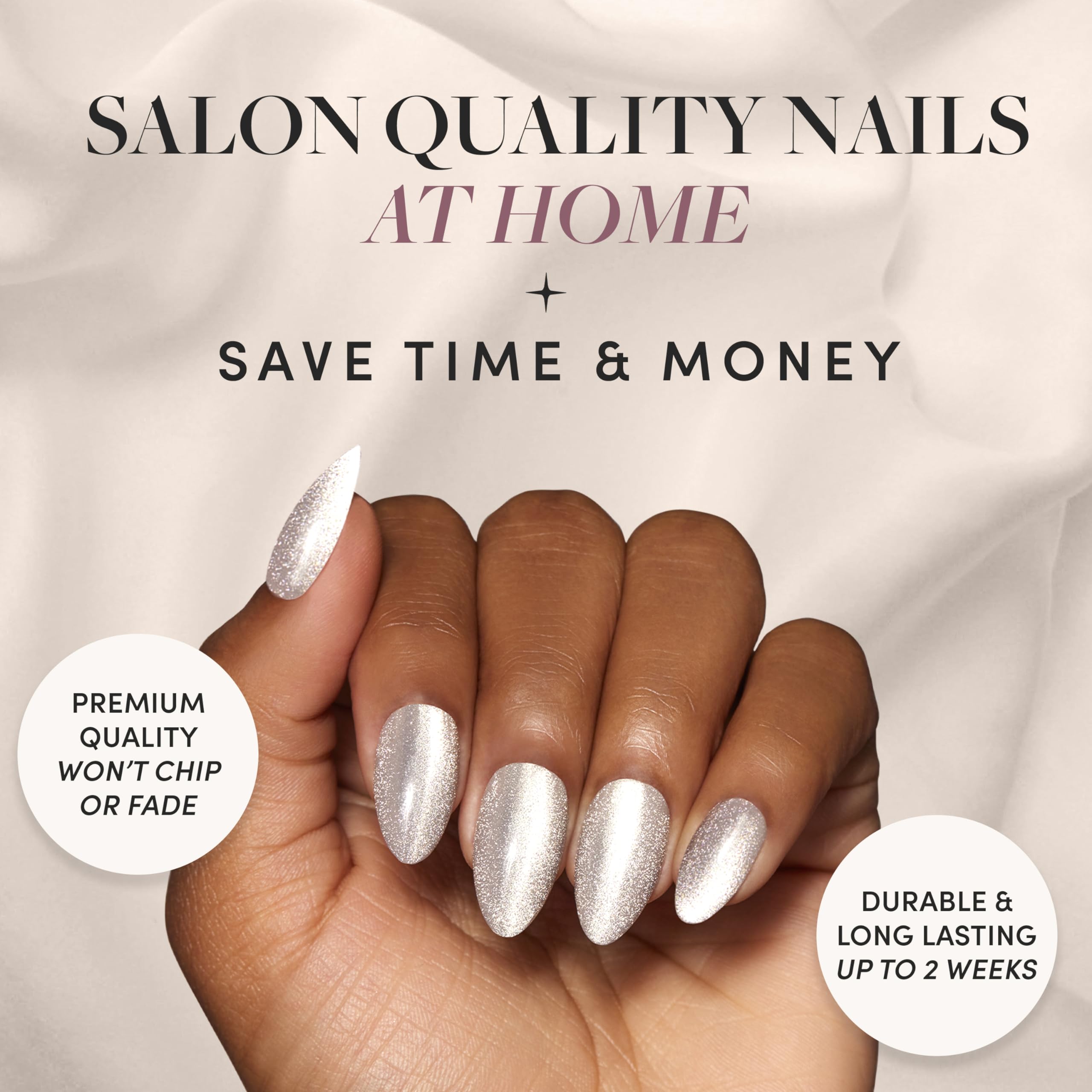 Glamnetic Press On Nails - Oslo | Short Almond Silver Shimmer Nails With A Cat Eye Finish | 15 Sizes - 30 Nail Kit With Glue