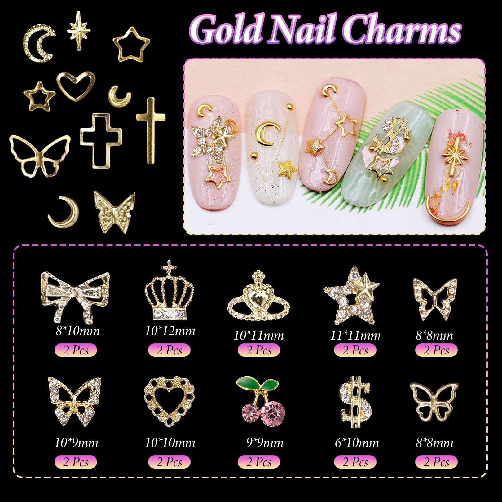520 Pcs Gold Nail Charms, 20 Pcs Cherry Star Bow Crown Butterfly Gold Alloy Nail Charms, Mixed Cross Moon Star Rivet Gold Nail A
