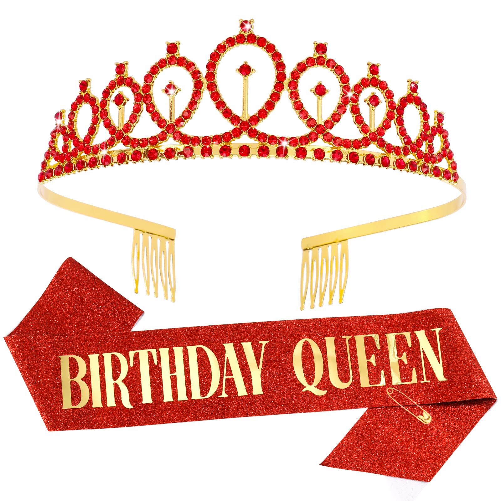 Birthday Queen Sash & Crystal Red Tiara Kit CIEHER Birthday Crown and Sash Crowns for Women Birthday Sash for Women Girls Red Cr