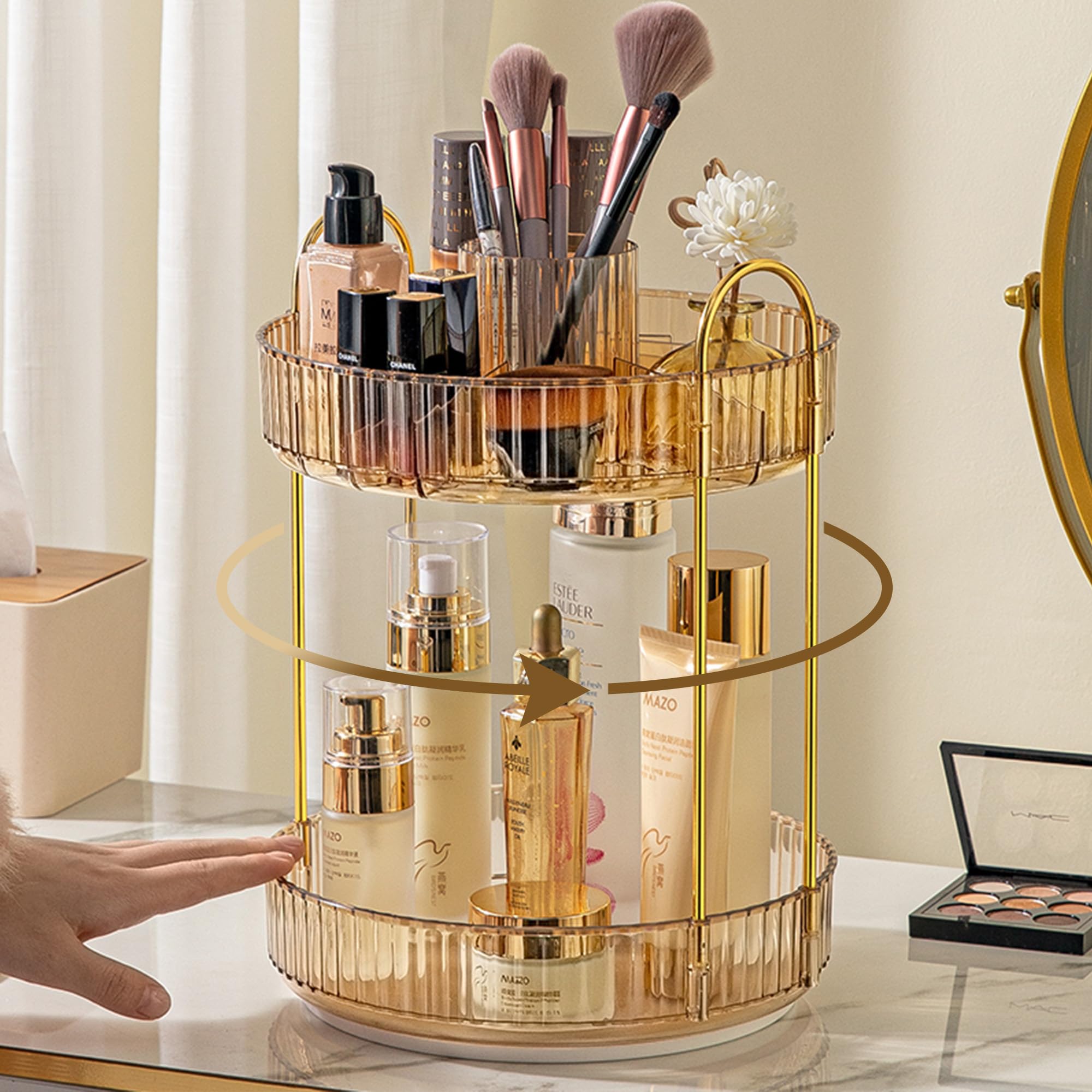 Aveniee 360 Rotating Makeup Organizer For Vanity, Upagraded Perfume Skincare Bathroom Counter Organizers With Brush Divider, Two