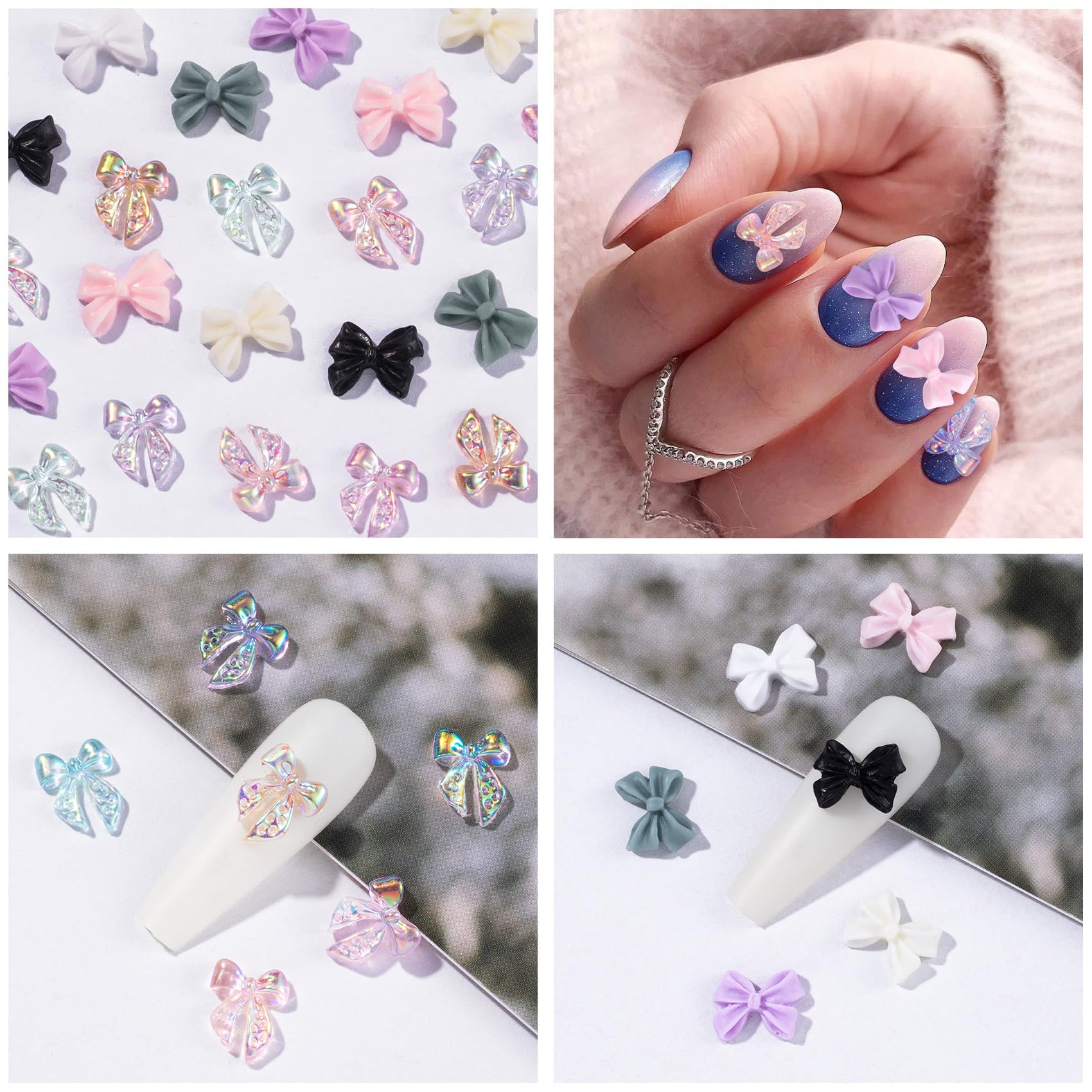 Hinzic 240 Pcs Aurora Bow Nail Charm Iridescent Ribbon Nail Bow Glitter Resin 3D Nail Pearl Rhinestone Valentines Wedding Prom B