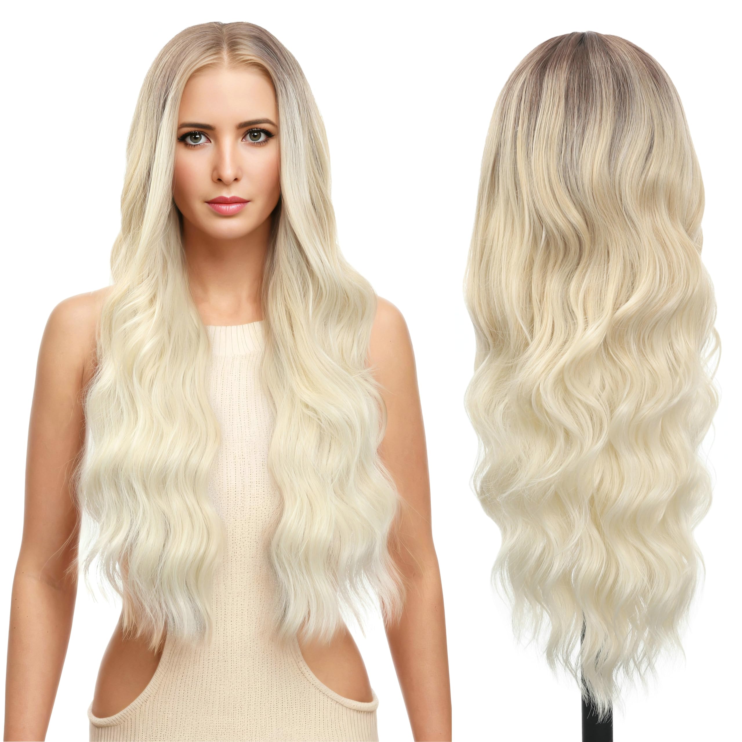 FUTAI Long Wavy Wig 30 Inch Ombre Platinum Blonde HD Front Lace Body Curly Synthetic Hair Wigs for Women Professional Female Div