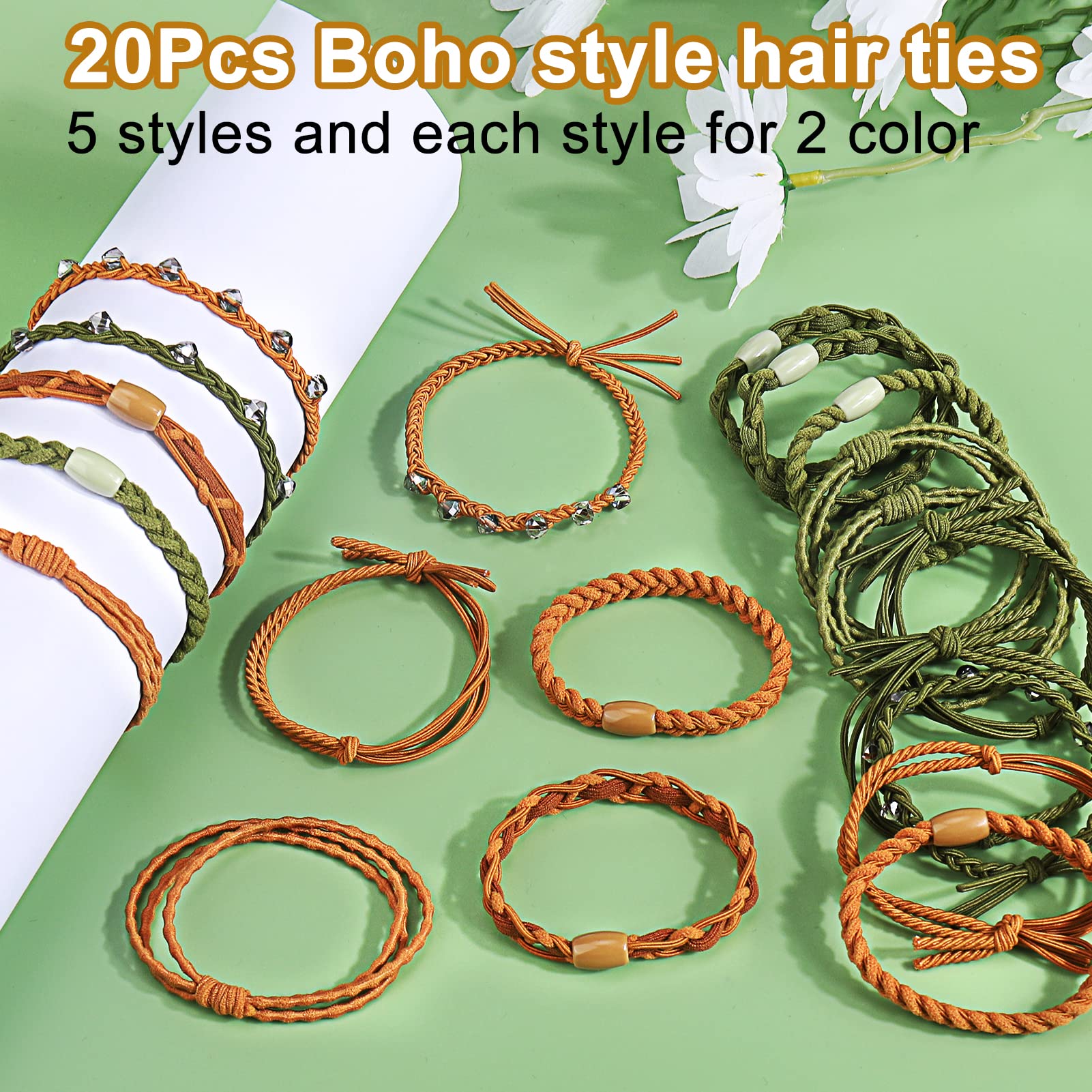 Bsresin 20 Pcs Boho Hair Ties For Women, Crystal Bracelet Hair Ties(Green+Brown), 5 Styles Cute Hair Tie For Thick Hair/Pony Tai