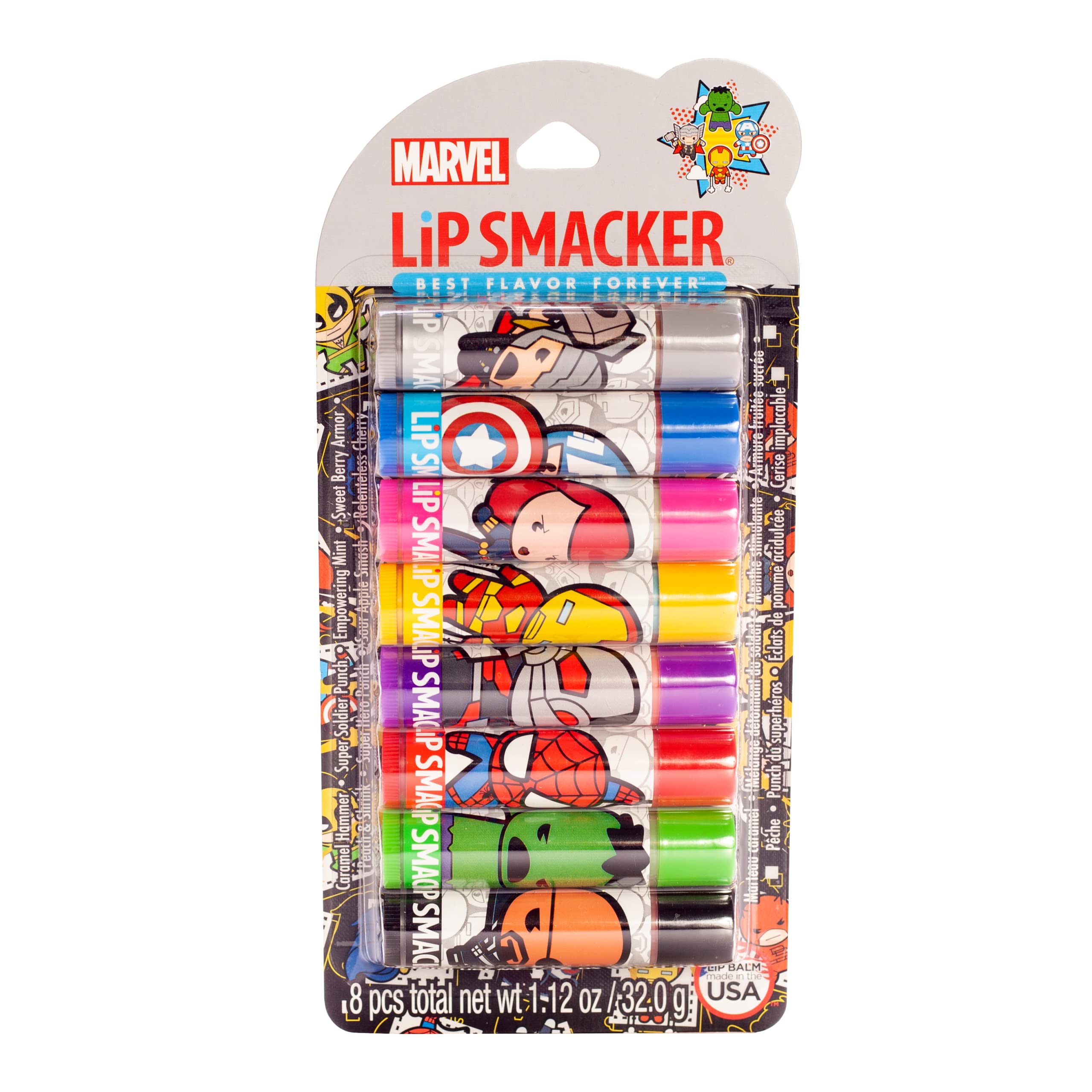 Lip Smacker Marvel Avenger Flavored Lip Balm Party Pack 8 Count, Super Hero, Spirderman, Iron Man, Captain America, Clear, For K
