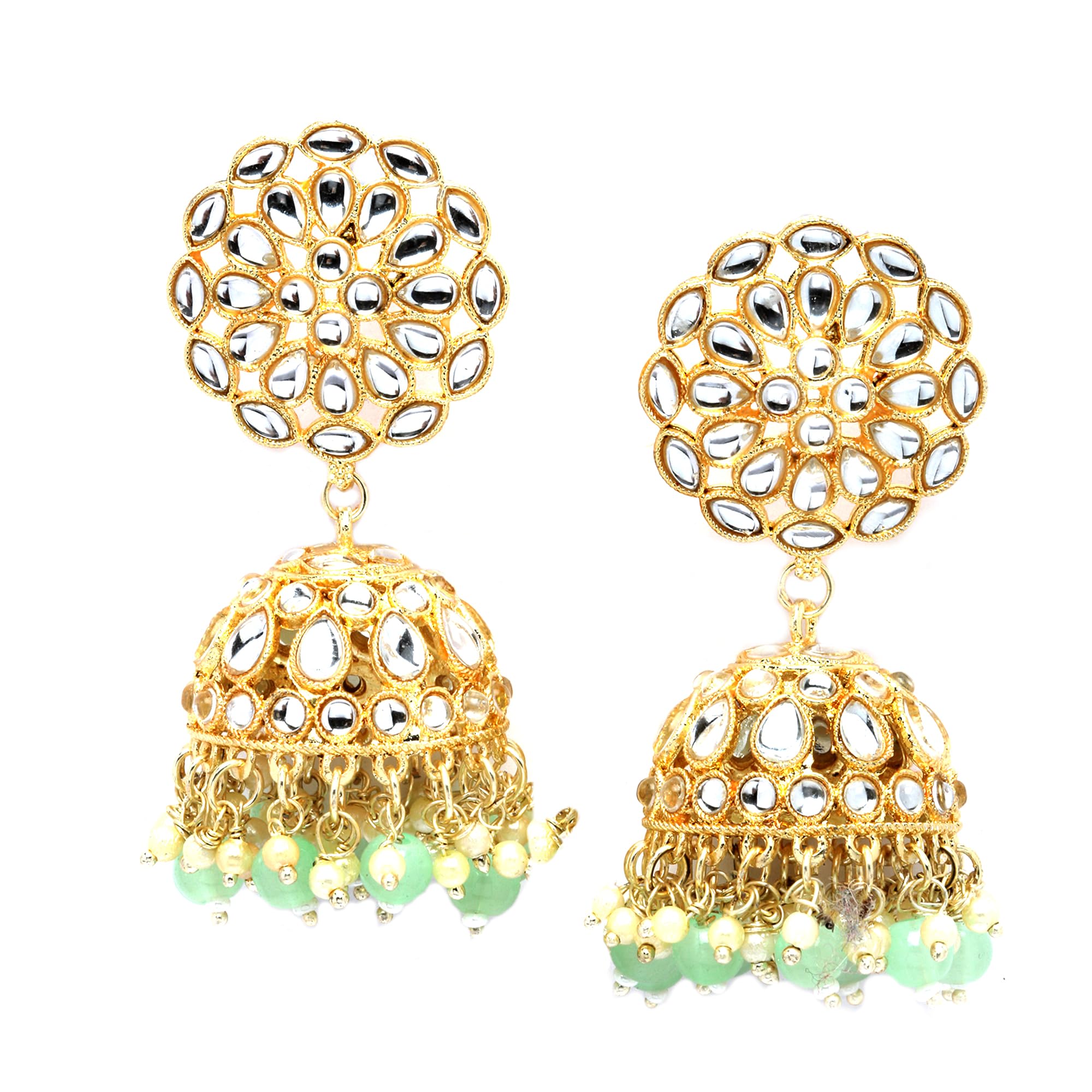 ZENEME GoldPlated Kundan & Pearls studded Flower Shaped Vilandi Jhumka Earrings For Women & Girls